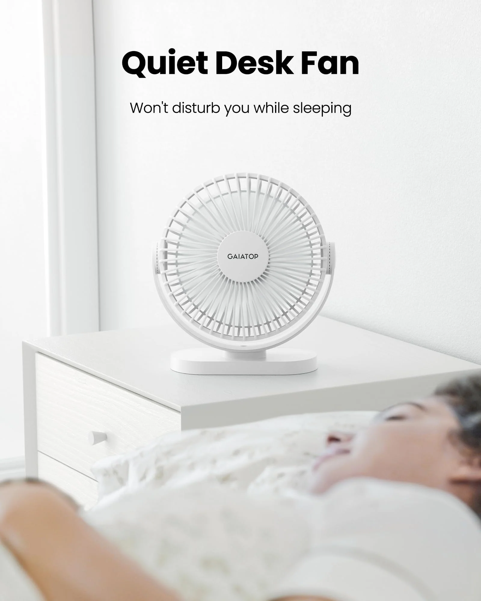 Gaiatop USB Desk Fan, 3 Speeds Powerful Portable Fan, 5.5 Inch Quiet Cooling Mini Fan, 90° Rotate Small Table Fan with 5ft Cable Personal Fan for Desktop Home Office Travel White - Image 4