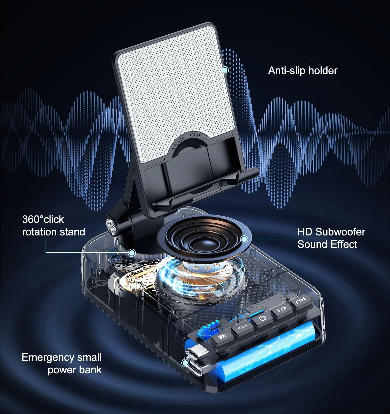 Gifts for Men Women, Bluetooth Speaker Phone Stand with Charging Function 360° Rotable Adjustable Cell Phone Holder HD Surround Sound for Desk Fits All Phones,Tablet (Black) Black - Image 3