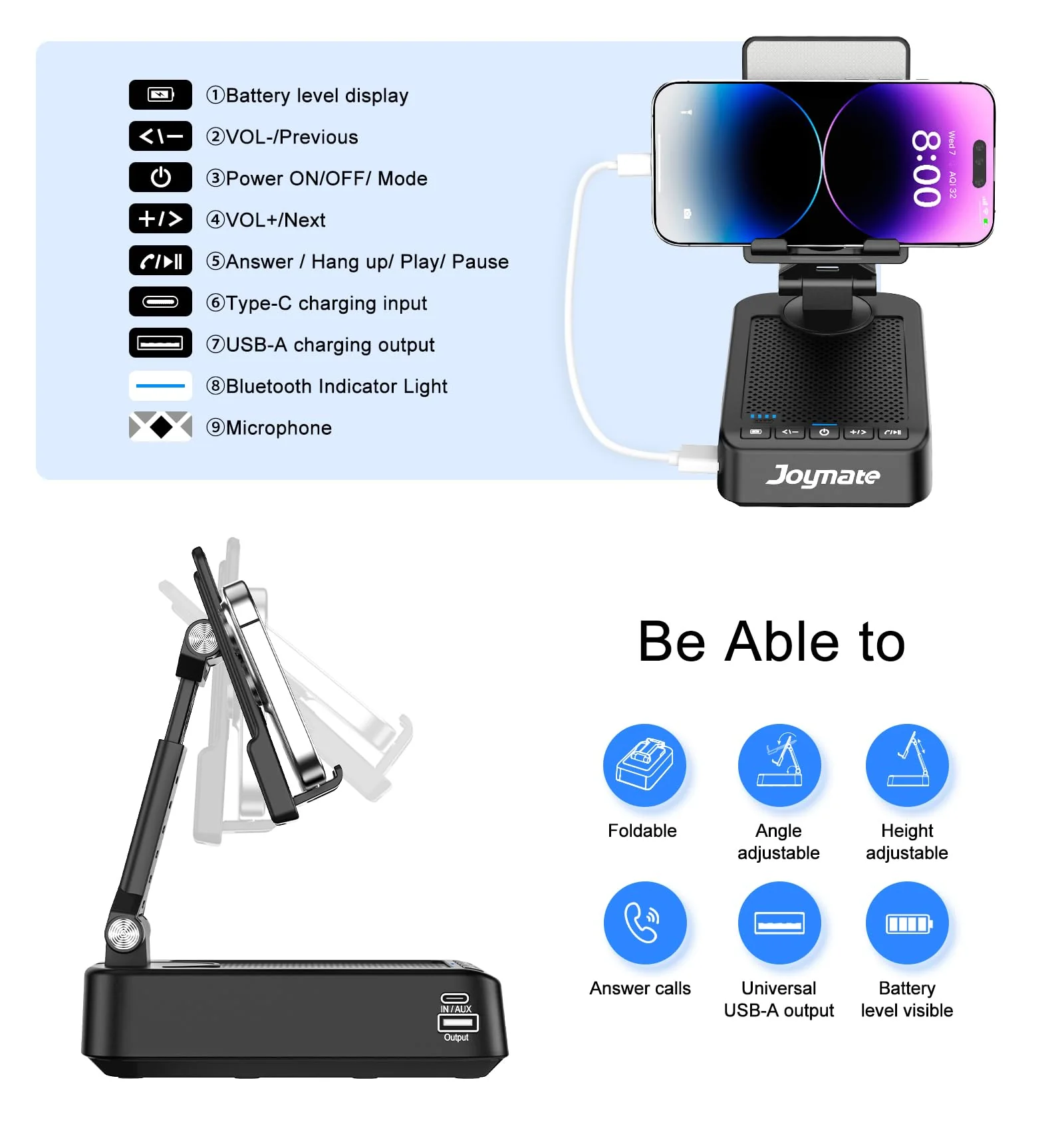 Gifts for Men Women, Bluetooth Speaker Phone Stand with Charging Function 360° Rotable Adjustable Cell Phone Holder HD Surround Sound for Desk Fits All Phones,Tablet (Black) Black - Image 4