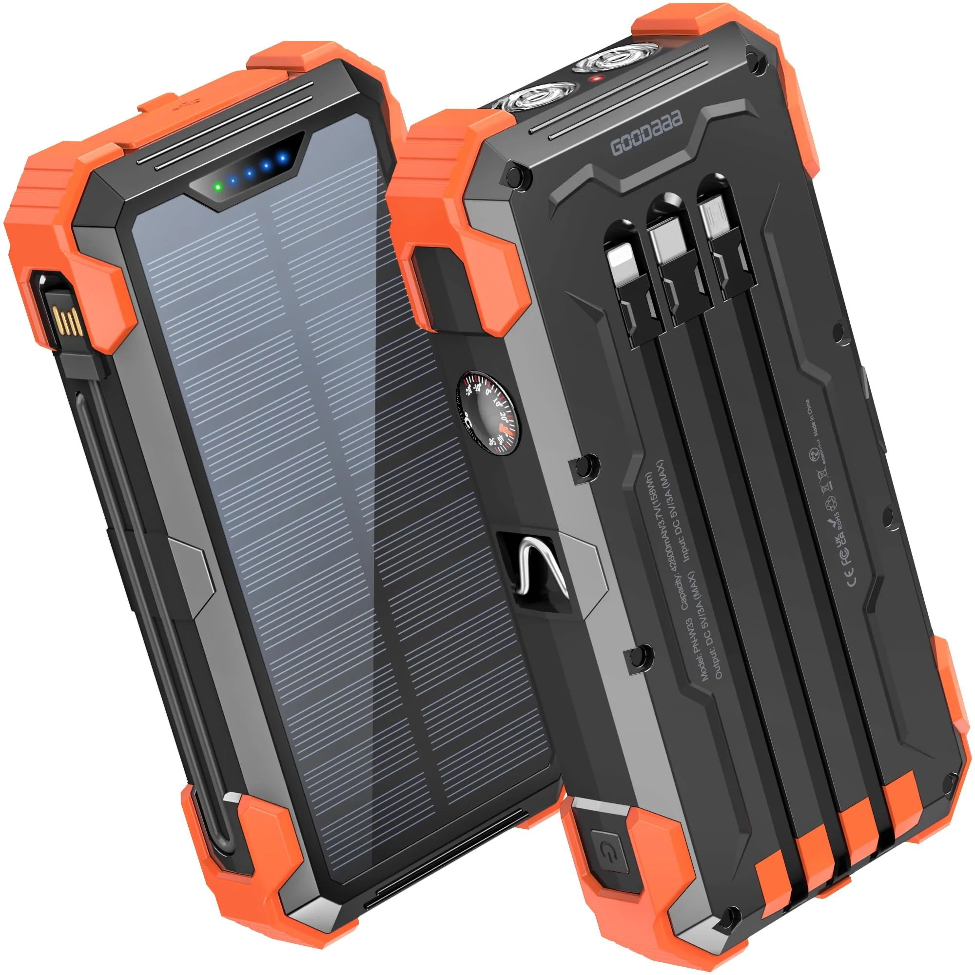 GOODaaa Power Bank Portable Charger 42800mAh Built in 4 Cables and Thermometer 15W Fast Charging Power Bank Five Outputs Three Inputs Solar Charger Power Bank, SOS/Strobe/Strong Flashlights, Carabiner Orange