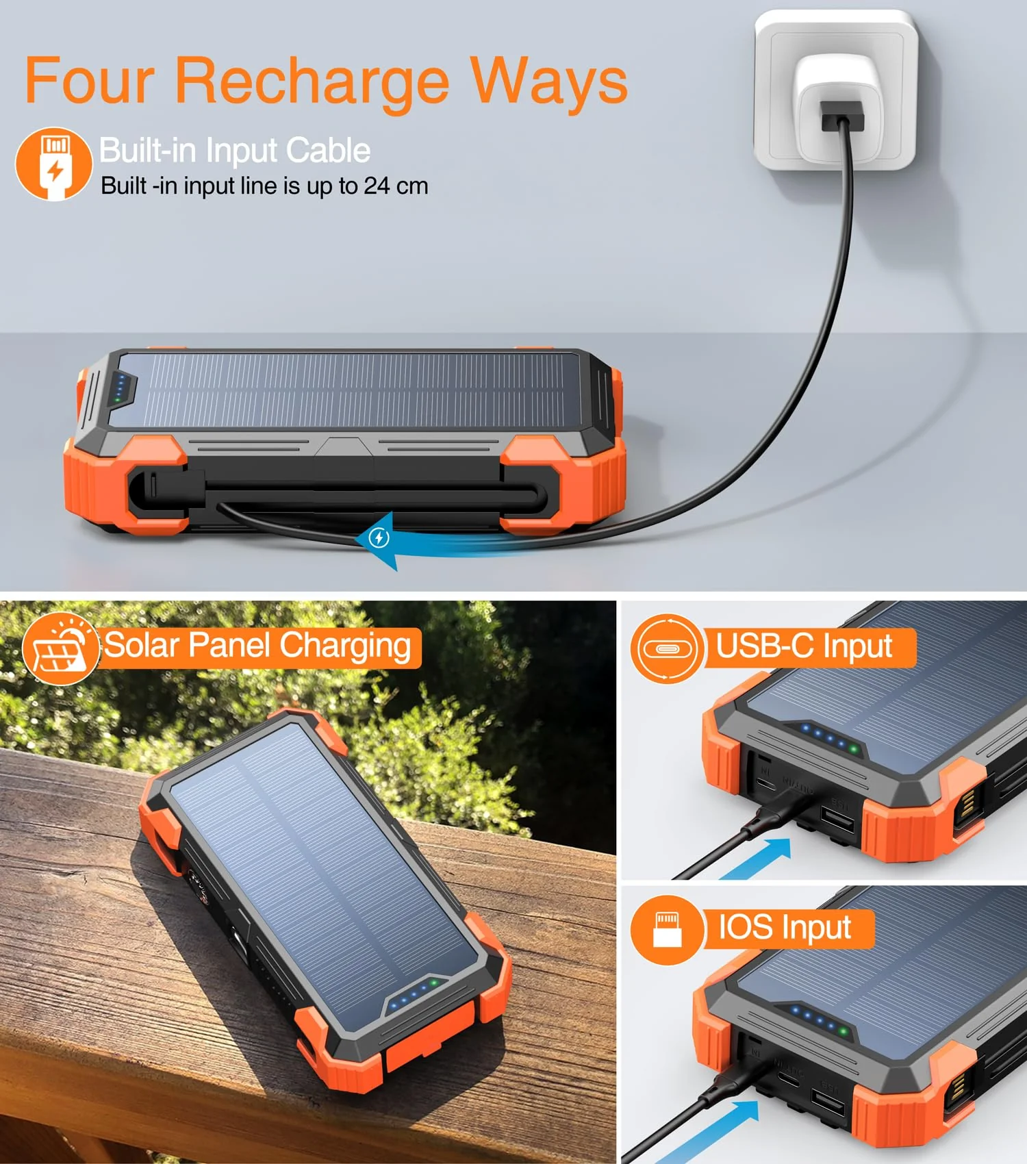GOODaaa Power Bank Portable Charger 42800mAh Built in 4 Cables and Thermometer 15W Fast Charging Power Bank Five Outputs Three Inputs Solar Charger Power Bank, SOS/Strobe/Strong Flashlights, Carabiner Orange - Image 4