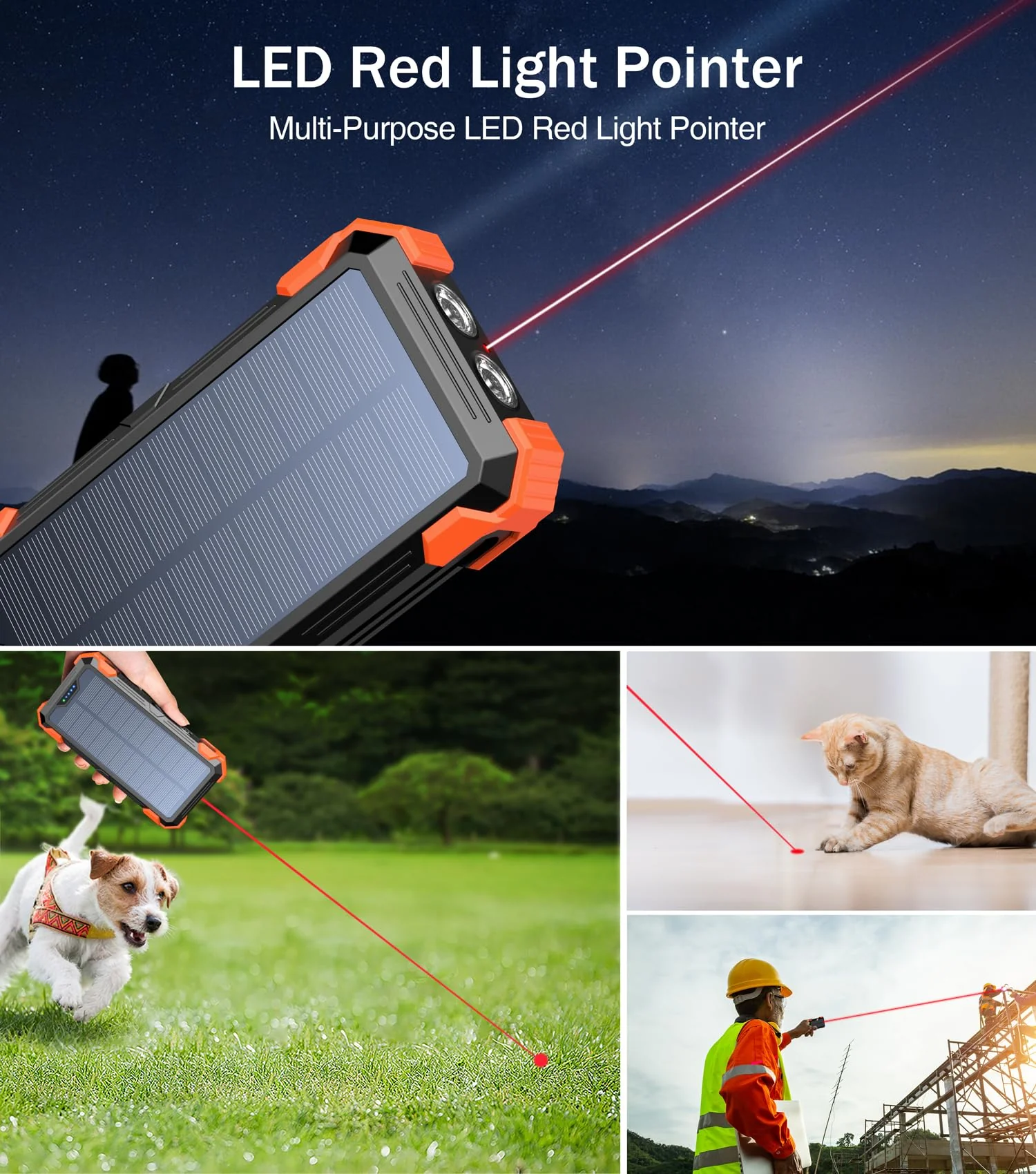 GOODaaa Power Bank Portable Charger 42800mAh Built in 4 Cables and Thermometer 15W Fast Charging Power Bank Five Outputs Three Inputs Solar Charger Power Bank, SOS/Strobe/Strong Flashlights, Carabiner Orange - Image 5