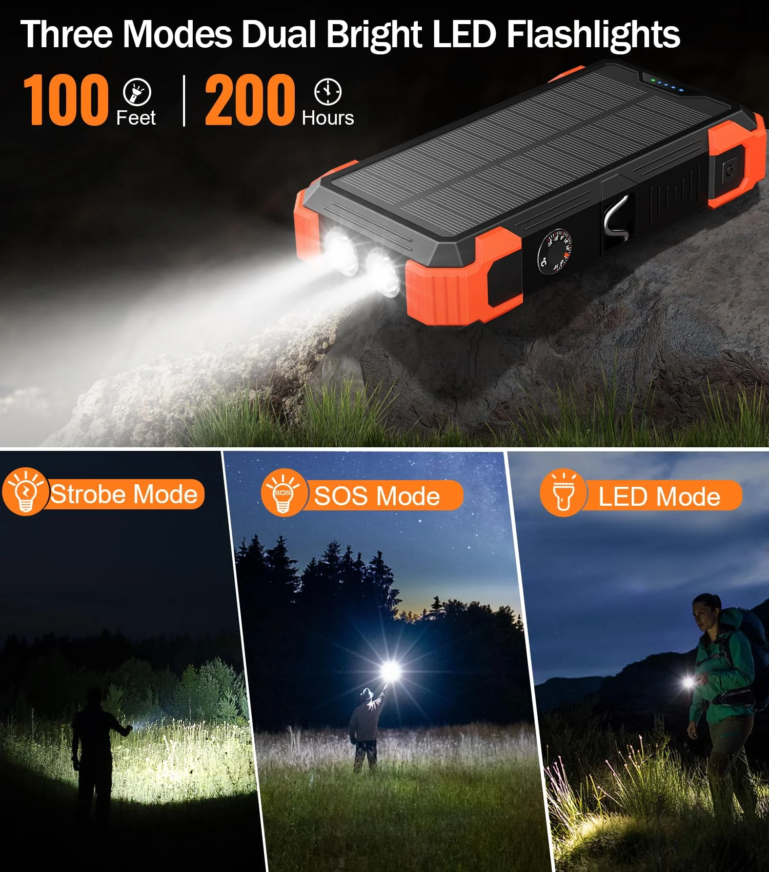 GOODaaa Power Bank Portable Charger 42800mAh Built in 4 Cables and Thermometer 15W Fast Charging Power Bank Five Outputs Three Inputs Solar Charger Power Bank, SOS/Strobe/Strong Flashlights, Carabiner Orange - Image 6