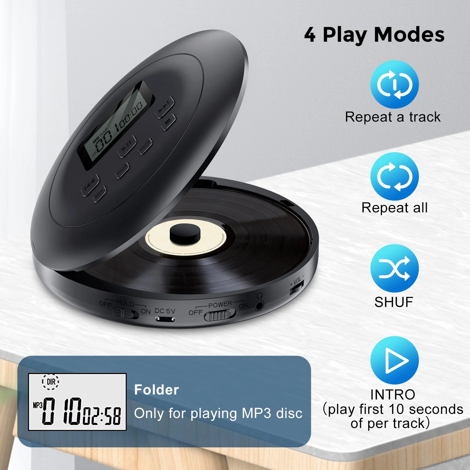 Gueray Portable CD Player Personal CD Players with Headphones LCD Display Anti-Skip Protection HiFi Classic CD Walkman Music Player Memory CD Player for Car Home - Image 4