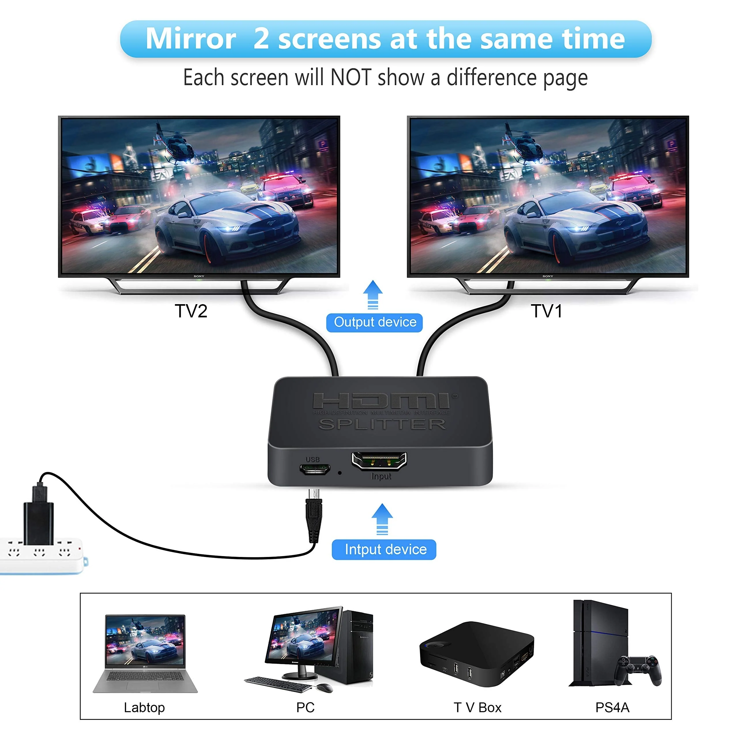 HDMI Splitter 4K@60Hz, avedio links HDMI Splitter 1 in 2 Out, HDMI Splitter for Dual Monitors Only Duplicate/Mirror Screens, Support HDMI2.0b, HDCP2.2, 18.5Gbps, Auto Scaling, Full HD 1080P 3D 1x2 4K@60Hz - Image 2
