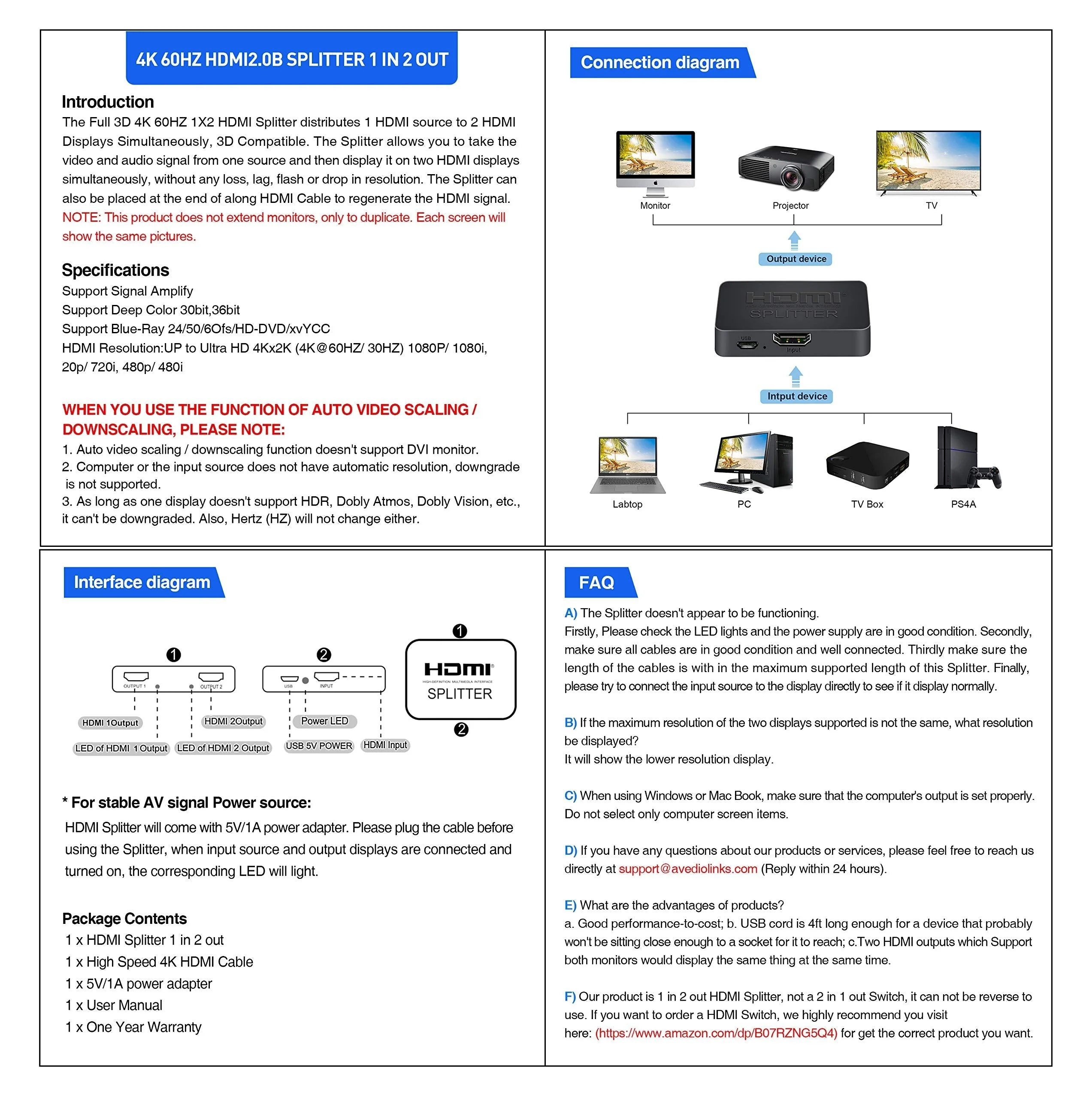 HDMI Splitter 4K@60Hz, avedio links HDMI Splitter 1 in 2 Out, HDMI Splitter for Dual Monitors Only Duplicate/Mirror Screens, Support HDMI2.0b, HDCP2.2, 18.5Gbps, Auto Scaling, Full HD 1080P 3D 1x2 4K@60Hz - Image 9
