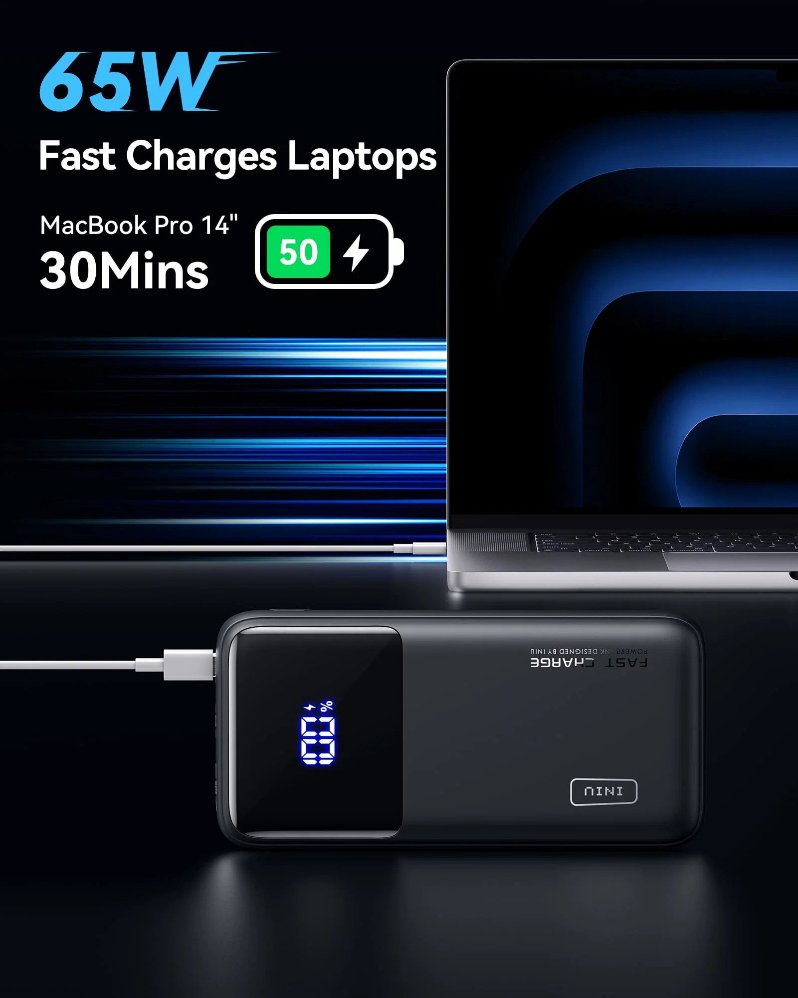 INIU Power Bank, 20000mAh 65W USB C Laptop Portable Charger, PD QC Fast Charging 3-Output External Battery Pack for Laptop MacBook Dell XPS iPad Tablet Steam Deck iPhone 16 15 14 Pro Samsung S22 etc Classic Size Black - Image 2
