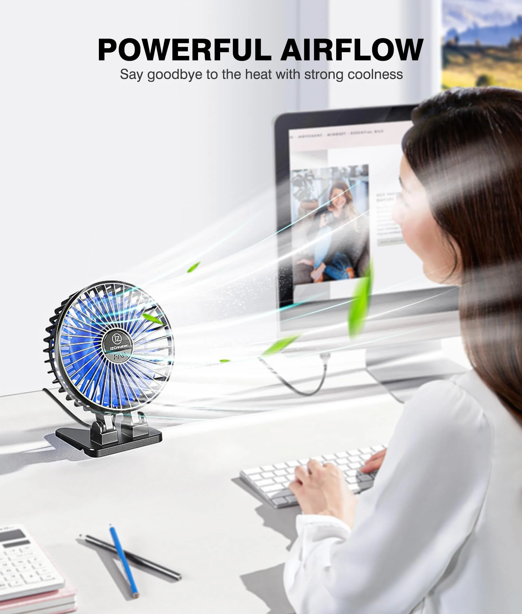JZCreater USB Desk Fan, Mini Fan Portable, 3 Speeds Desktop Table Cooling Fan, Plug in Power Fan, Rotation Strong Wind, Quiet Personal Small Fan for Home Desktop Office Travel Bedroom, Black (2Pack) Black 2Pack - Image 2