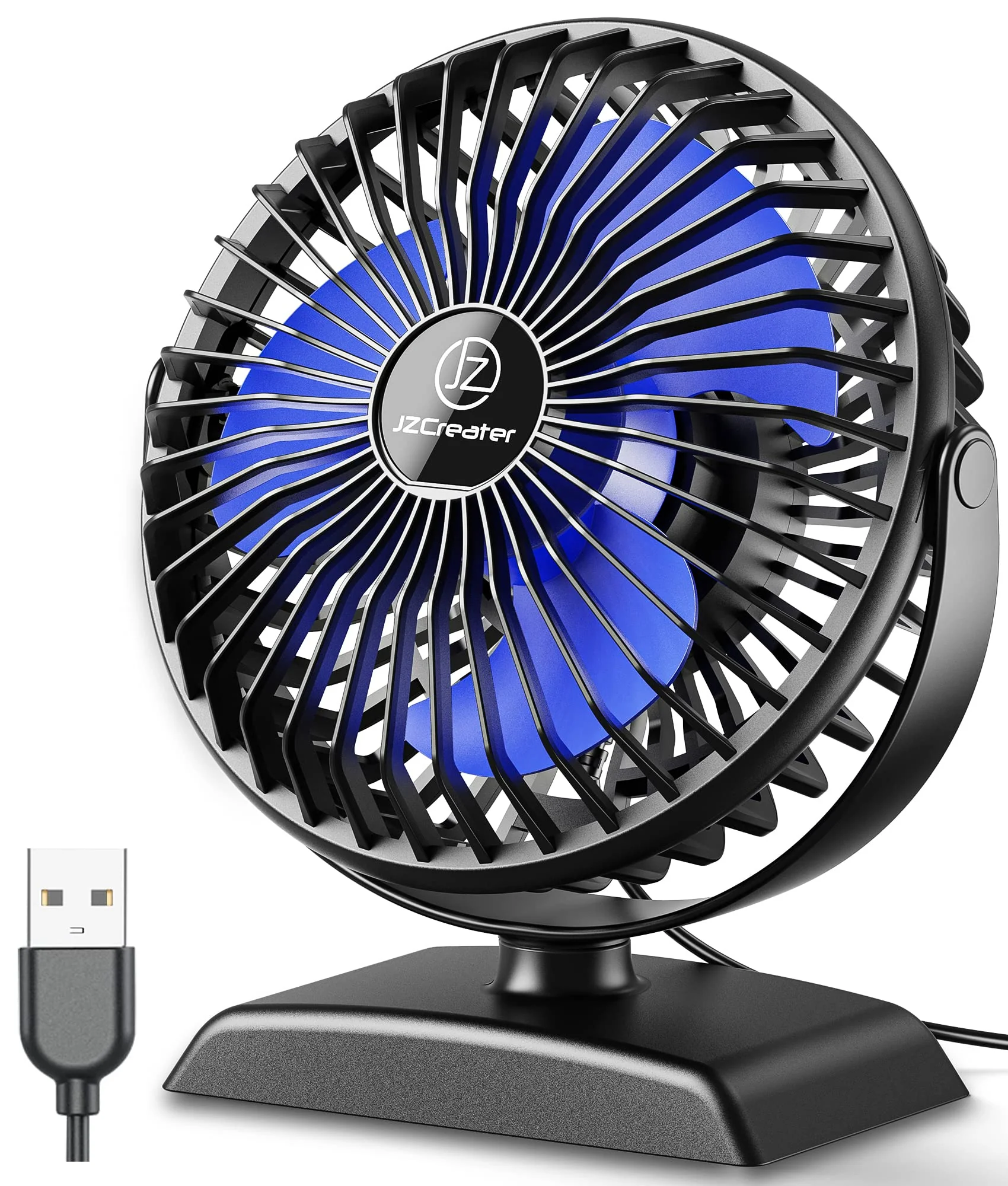 JZCreater USB Desk Fan, USB Fan Mini, 360 Rotation Desktop Fan with 3 Speed, Table Personal Cooling Fan, Quiet Mini Desk Fan, USB Powered, Small Fan for Home Office Bedroom Car Travel,Black 1 Black+Blue