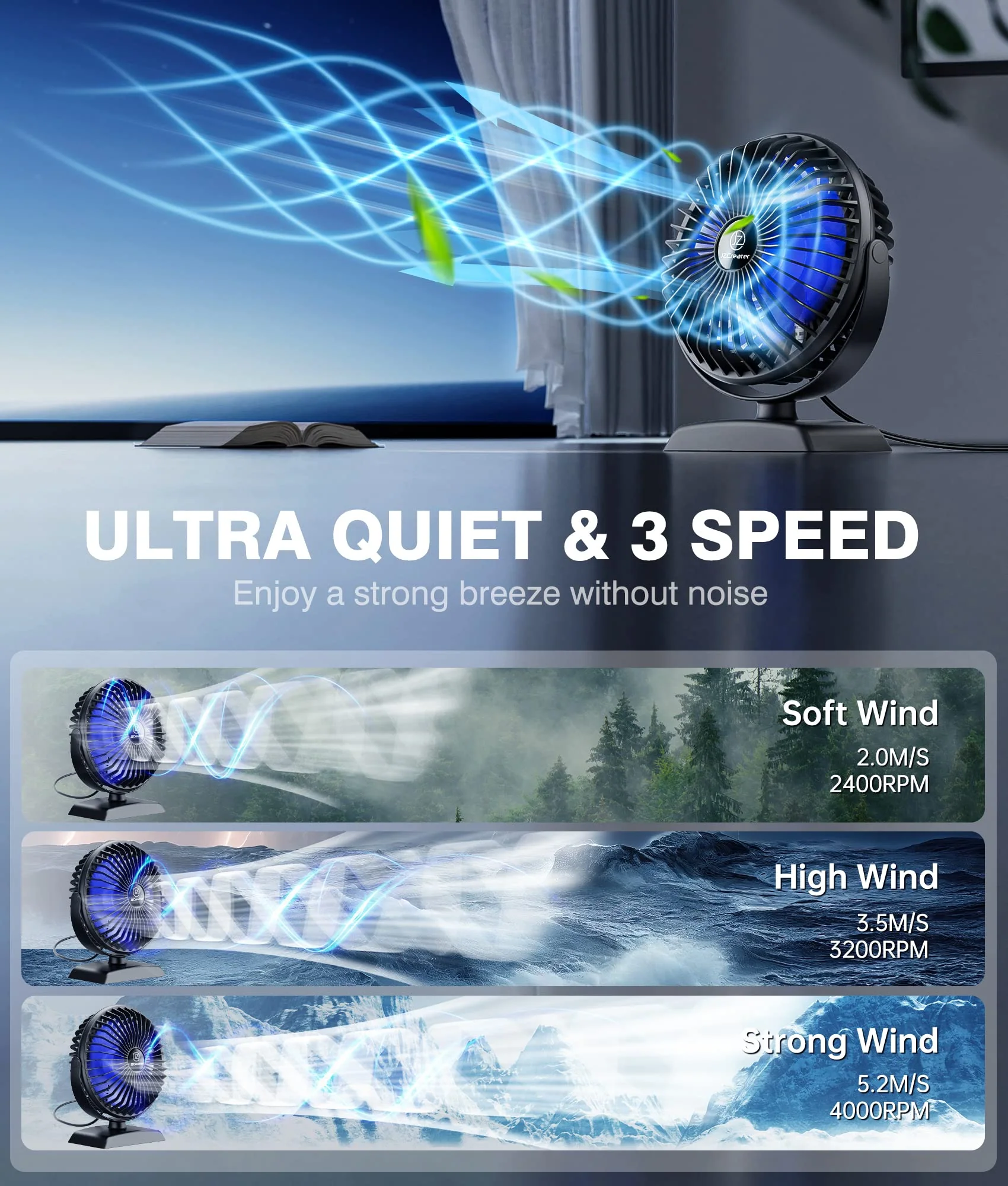 JZCreater USB Desk Fan, USB Fan Mini, 360 Rotation Desktop Fan with 3 Speed, Table Personal Cooling Fan, Quiet Mini Desk Fan, USB Powered, Small Fan for Home Office Bedroom Car Travel,Black 1 Black+Blue - Image 3