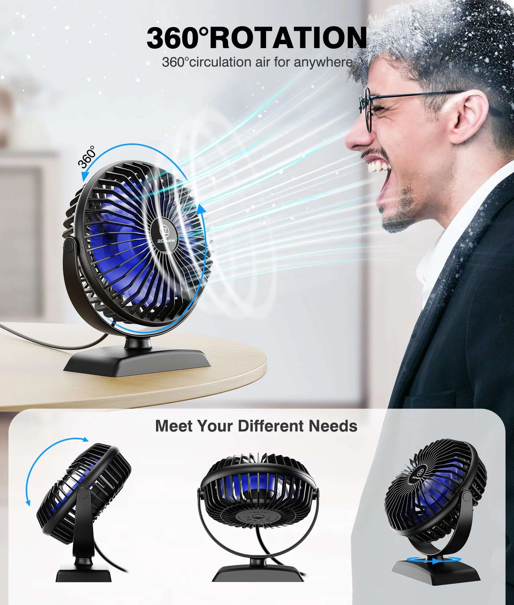 JZCreater USB Desk Fan, USB Fan Mini, 360 Rotation Desktop Fan with 3 Speed, Table Personal Cooling Fan, Quiet Mini Desk Fan, USB Powered, Small Fan for Home Office Bedroom Car Travel,Black 1 Black+Blue - Image 4