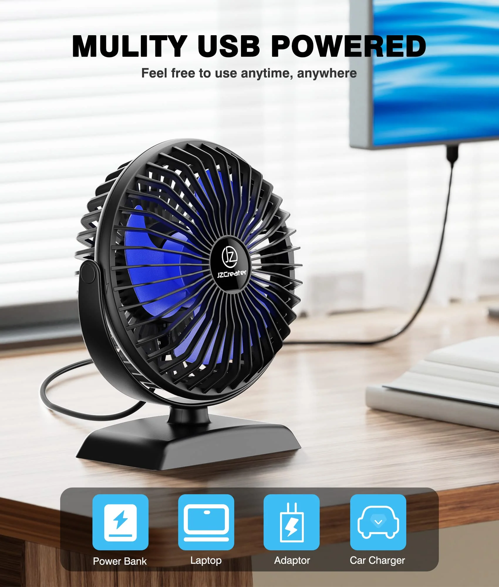 JZCreater USB Desk Fan, USB Fan Mini, 360 Rotation Desktop Fan with 3 Speed, Table Personal Cooling Fan, Quiet Mini Desk Fan, USB Powered, Small Fan for Home Office Bedroom Car Travel,Black 1 Black+Blue - Image 5