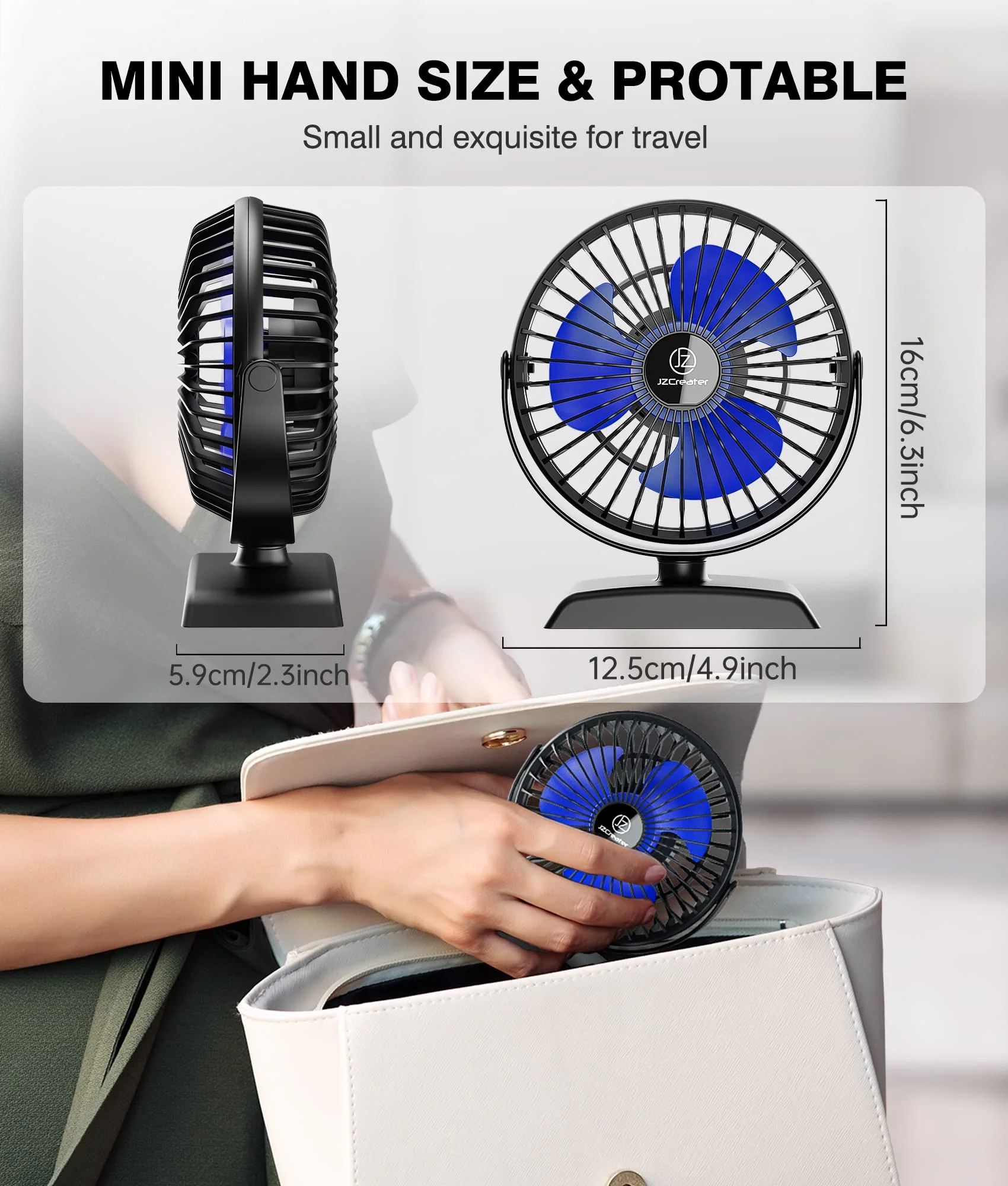 JZCreater USB Desk Fan, USB Fan Mini, 360 Rotation Desktop Fan with 3 Speed, Table Personal Cooling Fan, Quiet Mini Desk Fan, USB Powered, Small Fan for Home Office Bedroom Car Travel,Black 1 Black+Blue - Image 6
