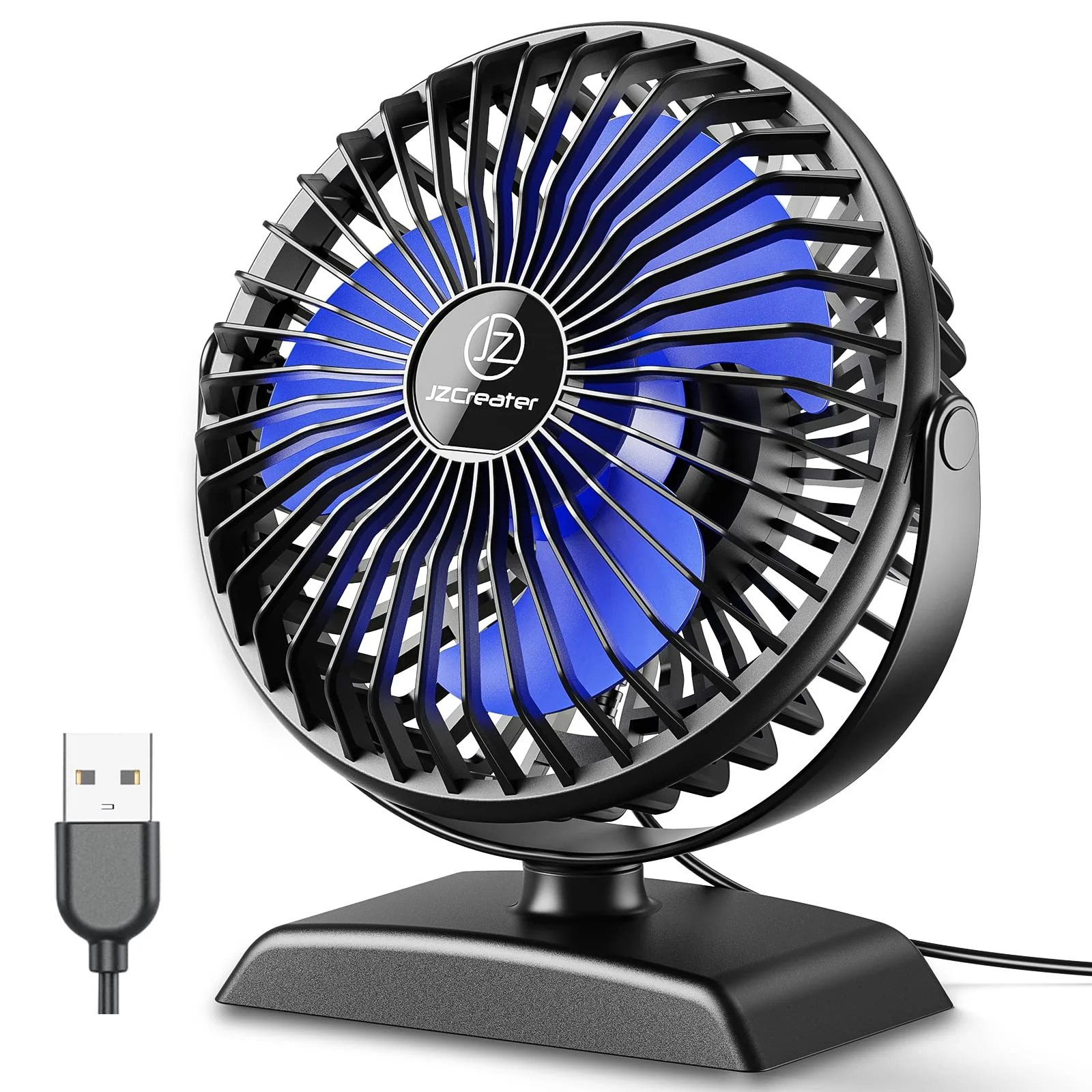 JZCreater USB Desk Fan, USB Fan Mini, 360 Rotation Desktop Fan with 3 Speed, Table Personal Cooling Fan, Quiet Mini Desk Fan, USB Powered, Small Fan for Home Office Bedroom Car Travel,Black 1 Black+Blue - Image 7
