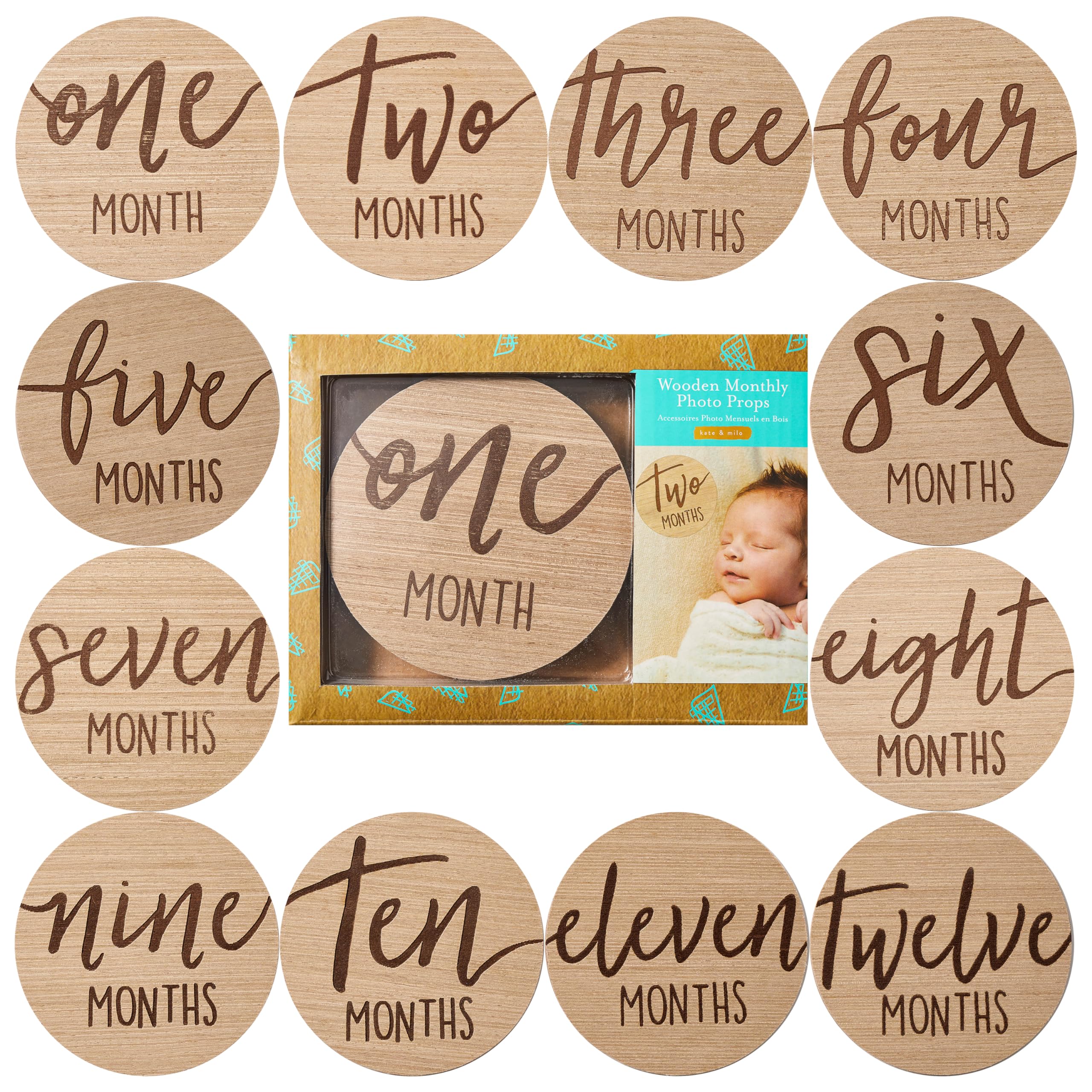 Kate & Milo Baby Monthly Milestone Marker Discs - Classic Cursive Script Wooden Discs with Reversible Photo Props for Baby Announcement and Milestones, Gender-Neutral Gift for Newborn Boy and Girl Circle Milestone Discs - Image 2