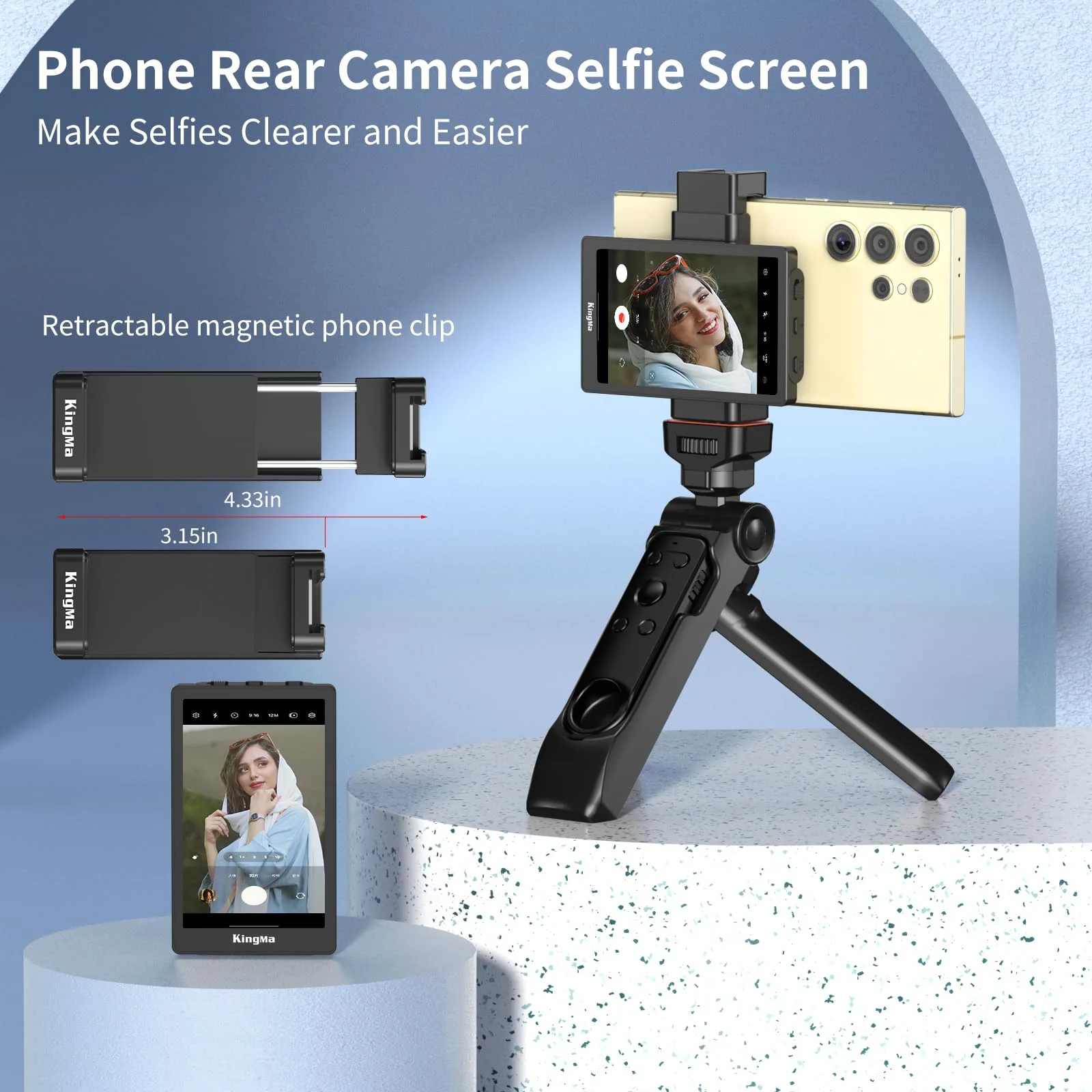 King Ma Phone Vlog Selfie Monitor Screen for Samsung - Sync Back Camera to Selfie Screen with Magnetic Phone Clip & Bluetooth Remote for Vlog Live Streaming TikTok,Supports up to UHD 60FPS Recording PH01-H-KMUS - Image 2