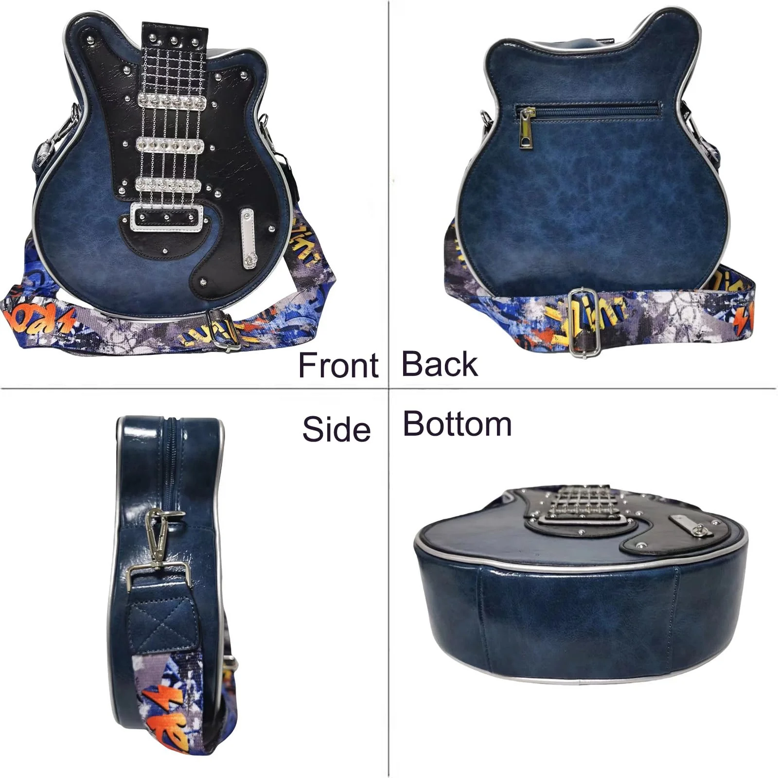 Men and Women Music Violin Guitar Shaped Crossbody Shoulder Bag Backpack Handbag PU Leather Unique Novelty Guitar Purse Blue - Image 2