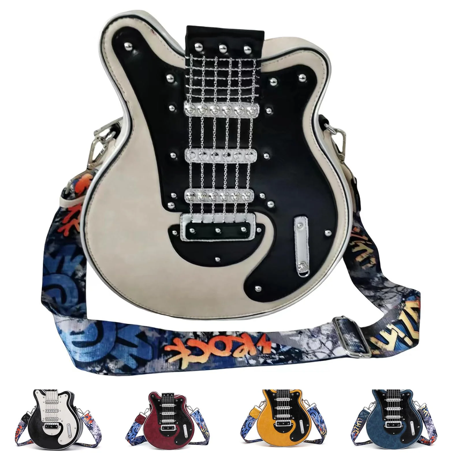 Men and Women Music Violin Guitar Shaped Crossbody Shoulder Bag Backpack Handbag PU Leather Unique Novelty Guitar Purse Blue - Image 7