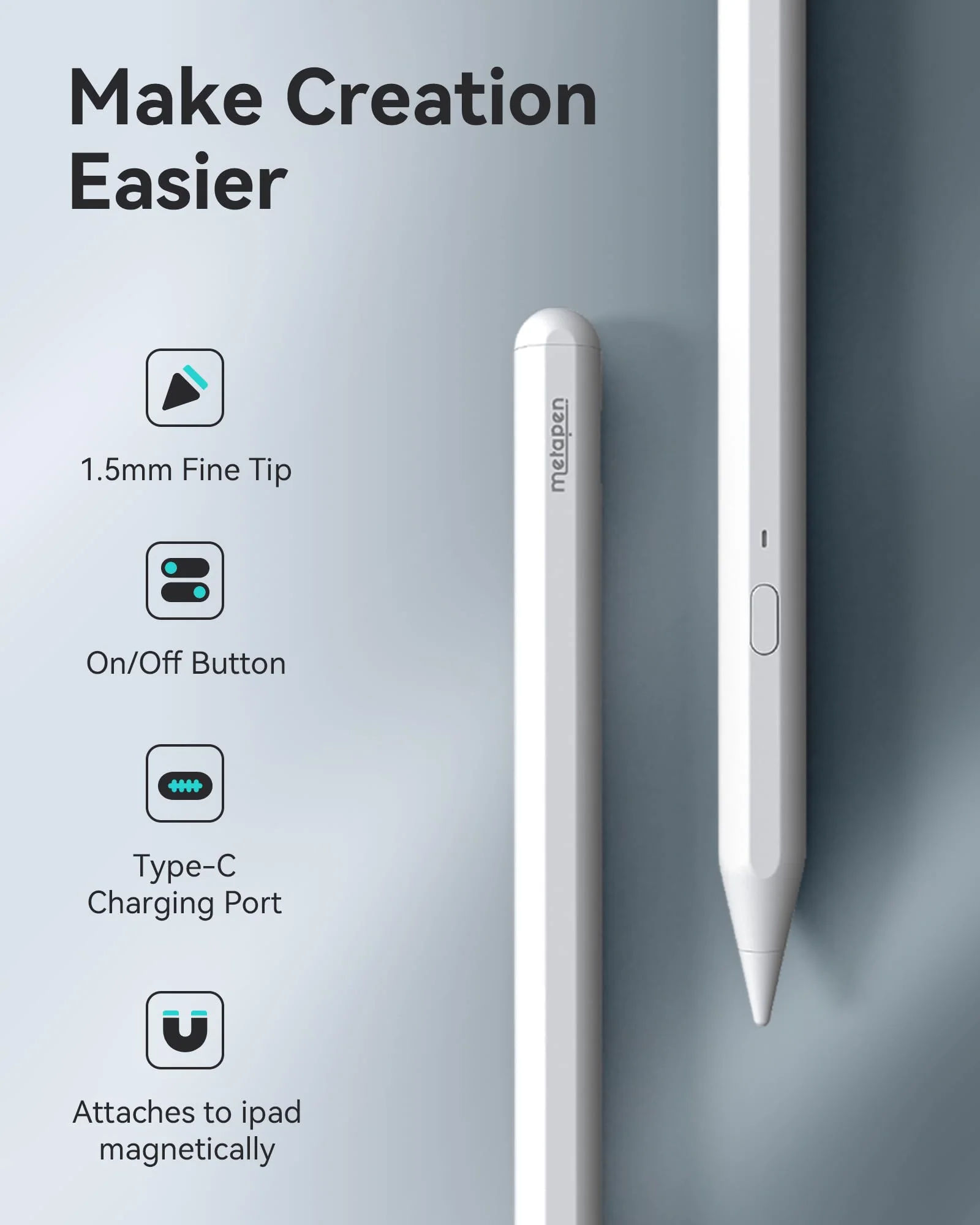 Metapen A11 Pencil for iPad 2018-2024, Faster Charge Pen for Apple iPad, Stylus Pen for iPad Air 3/4/5/M2, iPad Mini 5/6, iPad 6/7/8/9/10, iPad Pro 11"/12.9"/M4/Tilt sensitivity/Quick Button/Bluetooth apple pencil - Image 7