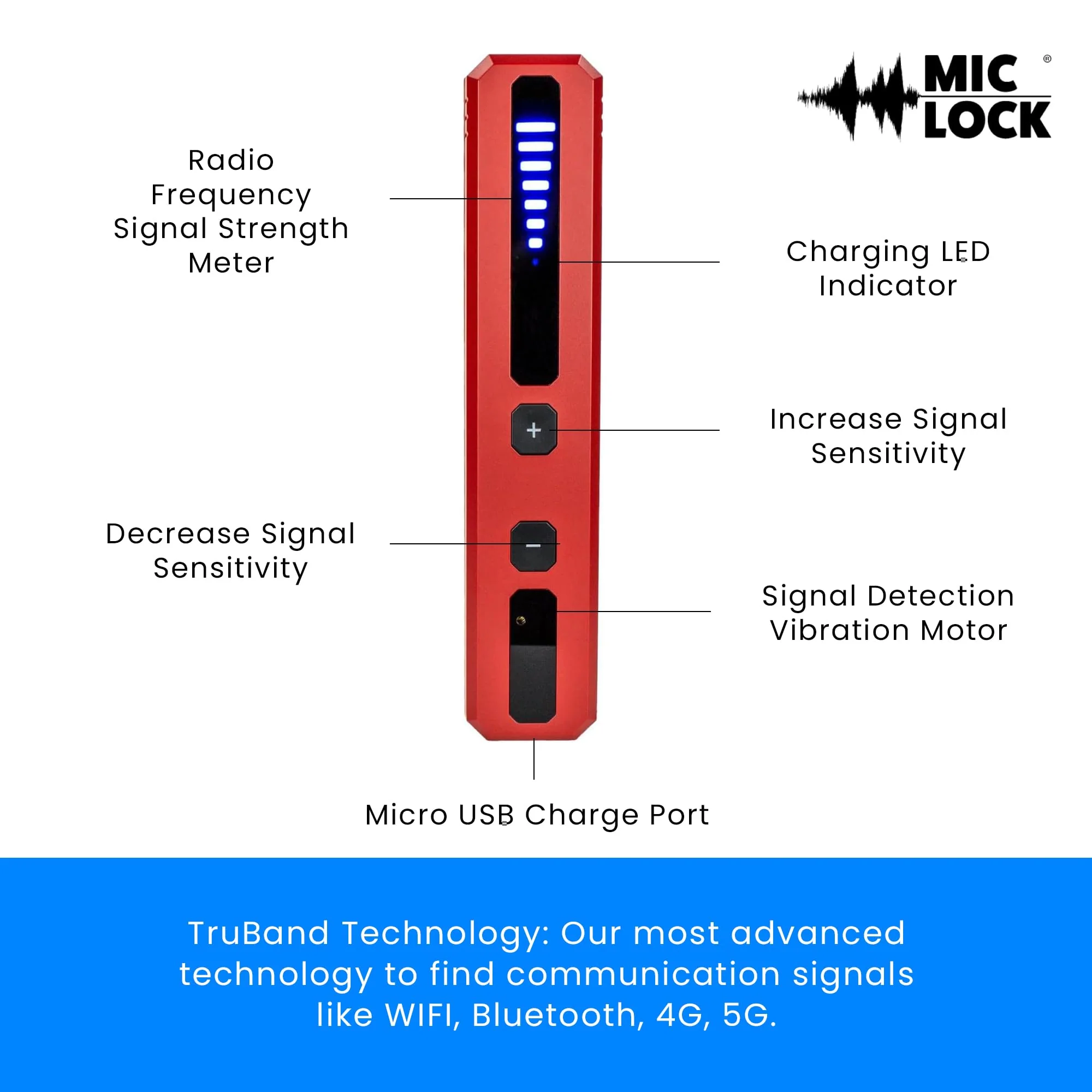 Mic-Lock Hidden Device Radio Frequency Finder - Anti Spy Device Detects RF, WiFi, Bluetooth, 4G & 5G - Secure Business Meetings, Hotels & Vacation Rentals Red Radio Frequency Detector - Image 3