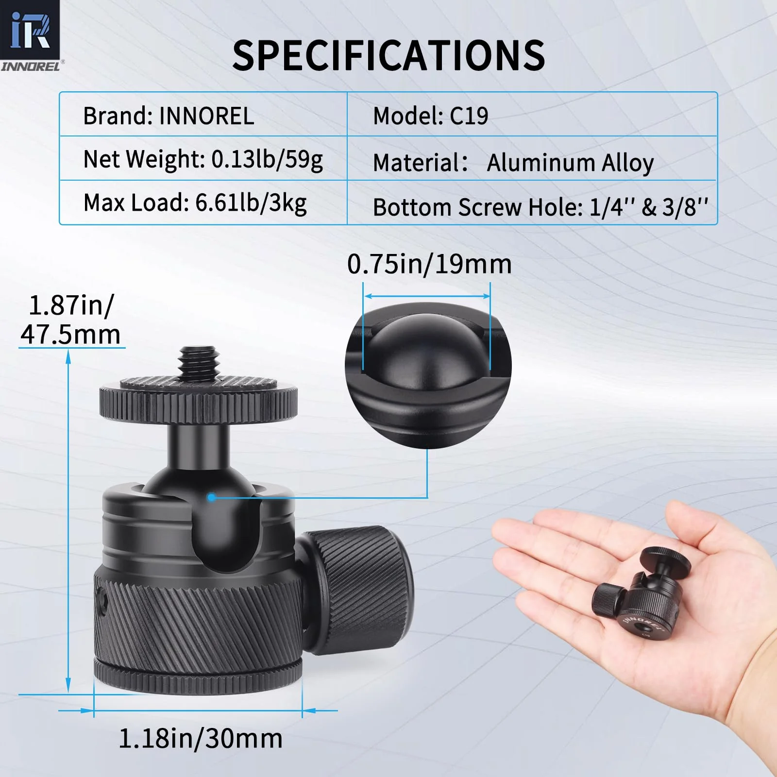 Mini Ball Head-INNOREL C19 Mount Tripod Head-CNC Metal Low Profile Ballhead 360° Pan 90° Tilt Tripods Mount with 3/8" to 1/4" Adapter Ballheads, Max Load 6.61 lb/3kg for Phone/DLSR Camera/Mini Holder - Image 2