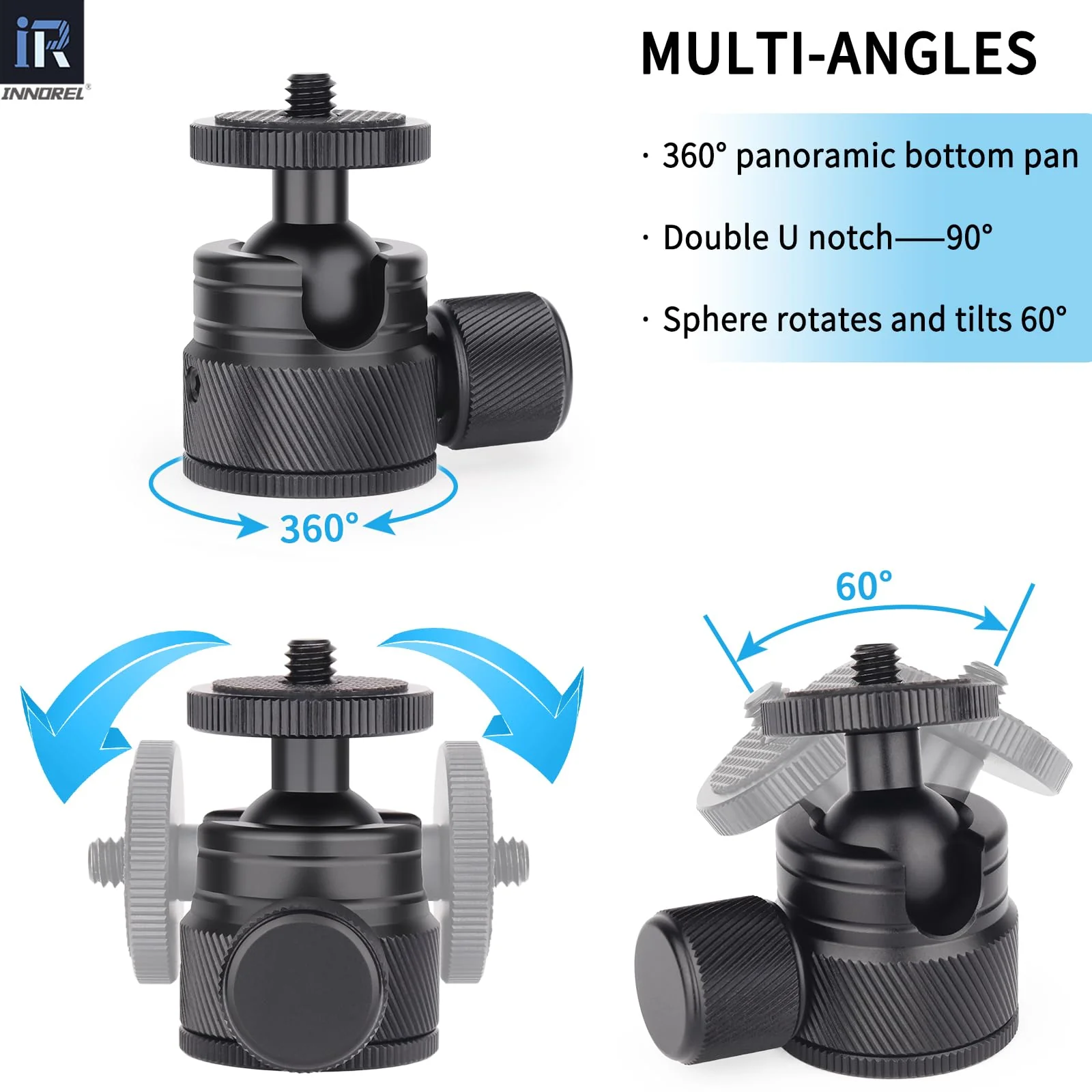Mini Ball Head-INNOREL C19 Mount Tripod Head-CNC Metal Low Profile Ballhead 360° Pan 90° Tilt Tripods Mount with 3/8" to 1/4" Adapter Ballheads, Max Load 6.61 lb/3kg for Phone/DLSR Camera/Mini Holder - Image 4
