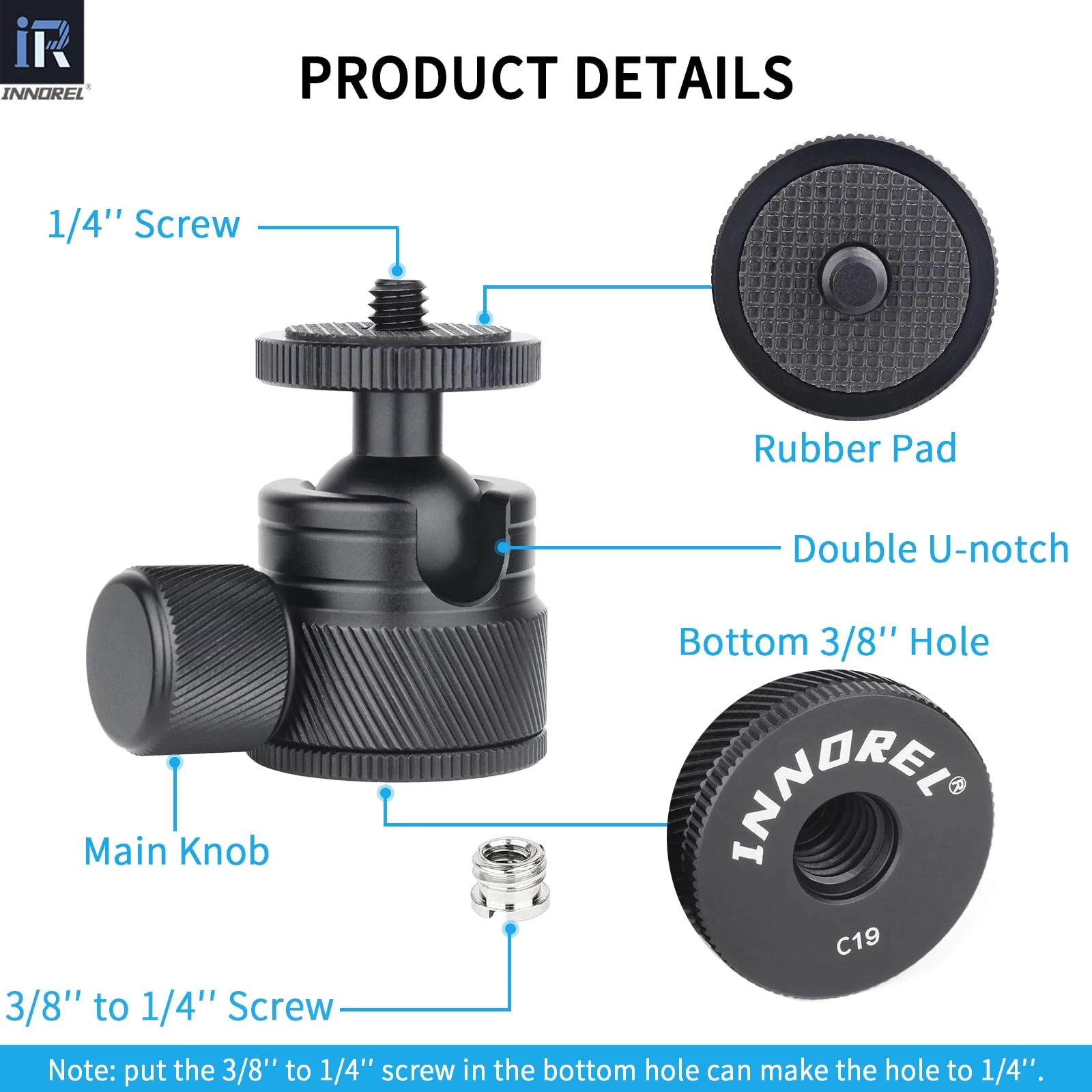 Mini Ball Head-INNOREL C19 Mount Tripod Head-CNC Metal Low Profile Ballhead 360° Pan 90° Tilt Tripods Mount with 3/8" to 1/4" Adapter Ballheads, Max Load 6.61 lb/3kg for Phone/DLSR Camera/Mini Holder - Image 5