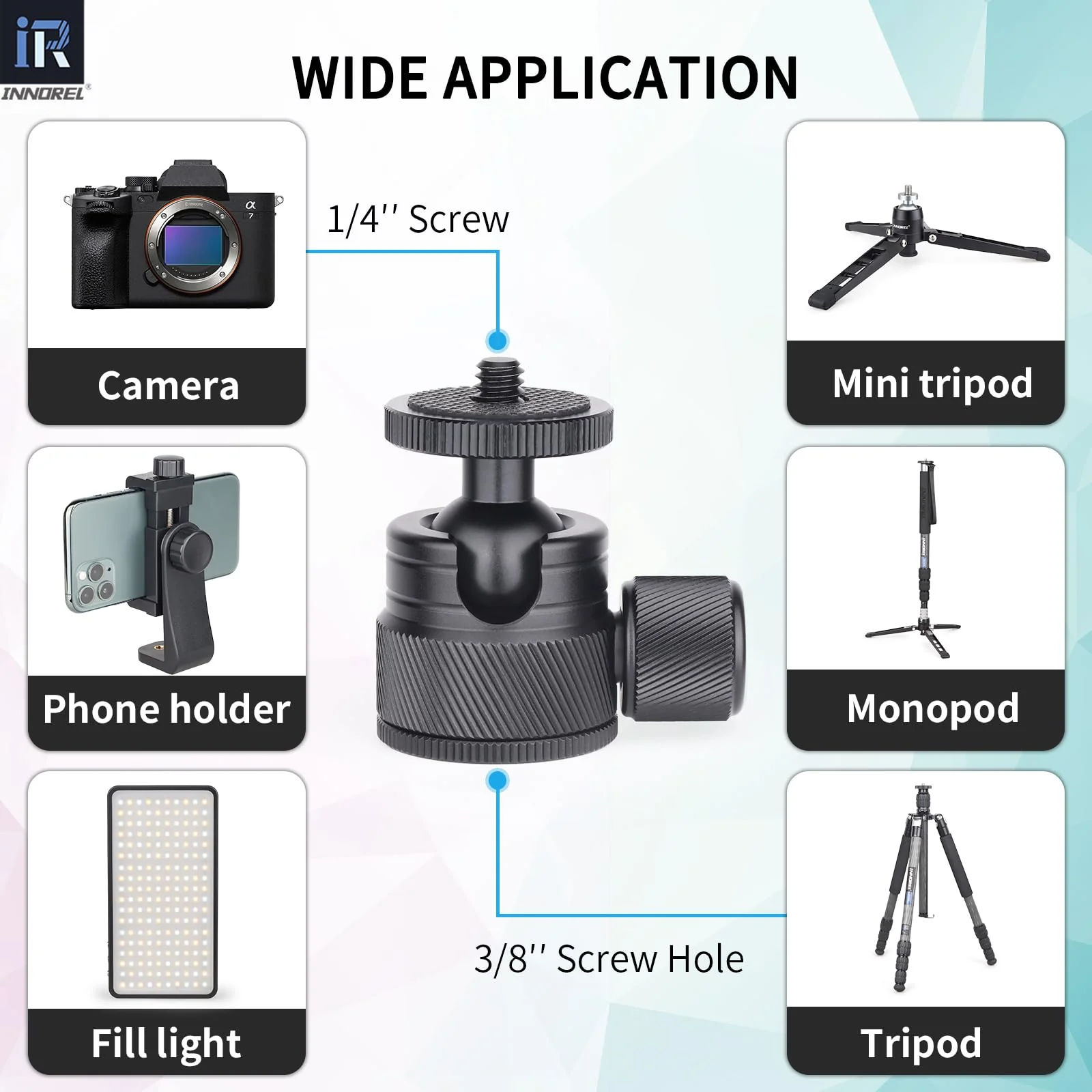 Mini Ball Head-INNOREL C19 Mount Tripod Head-CNC Metal Low Profile Ballhead 360° Pan 90° Tilt Tripods Mount with 3/8" to 1/4" Adapter Ballheads, Max Load 6.61 lb/3kg for Phone/DLSR Camera/Mini Holder - Image 6