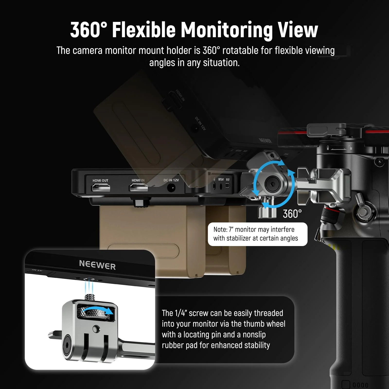 NEEWER NATO Monitor Mount for RS Gimbal, 360° Rotatable Field Monitor Holder with NATO Clamp, Cold Shoe, 1/4" Threads, Compatible with DJI RS4 RS4 PRO RS 3 RS 3 PRO RS 2 RSC 2 Ronin-S Ronin-SC, GA021 - Image 4