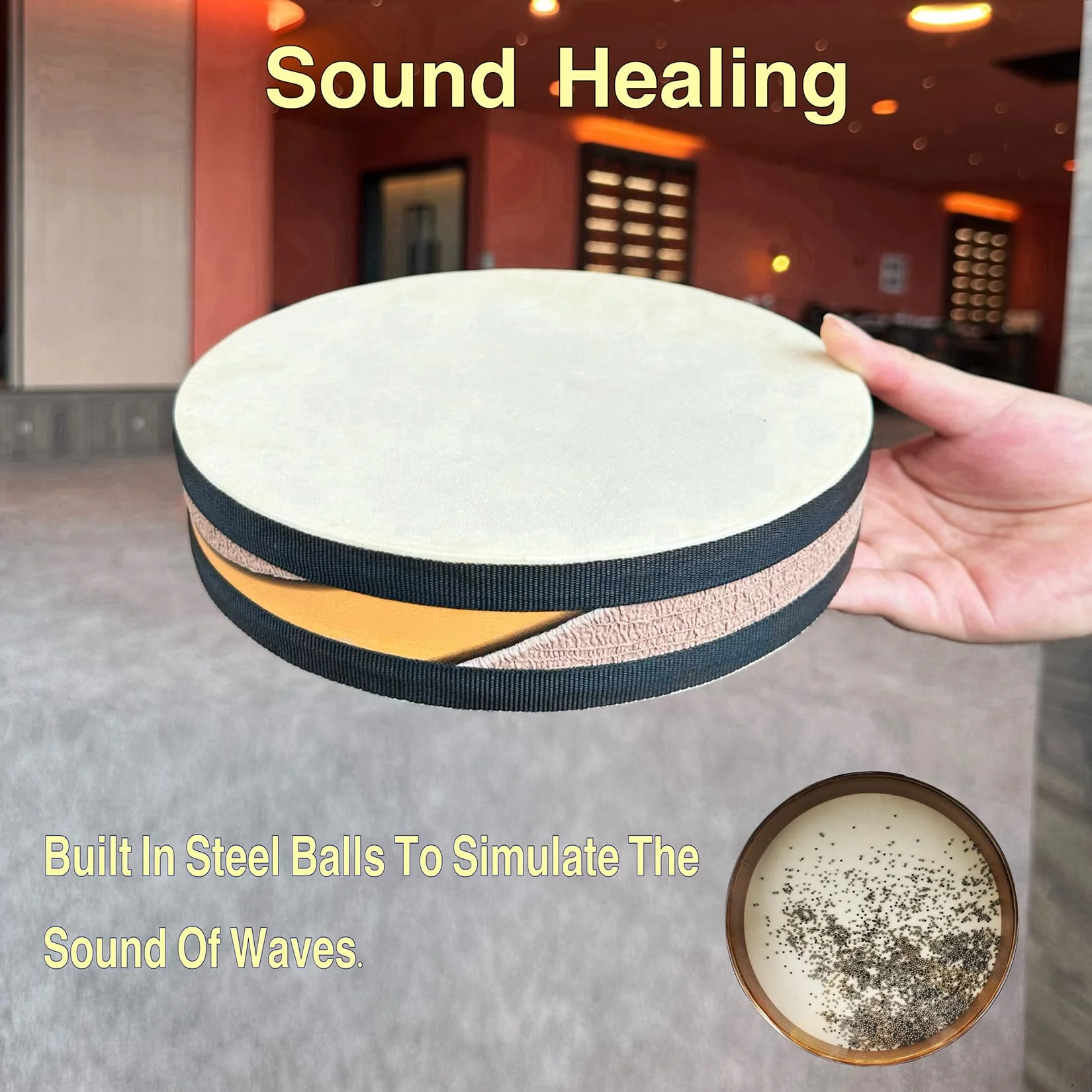 Ocean Drum,10'' Handmade Wooden,Natural sheepskin，Musical Healing Instrument, Orff Percussion, Simulates the Sound of Ocean Waves,For Recreation,Yoga Meditation, Stress Relief and Relaxation - Image 5
