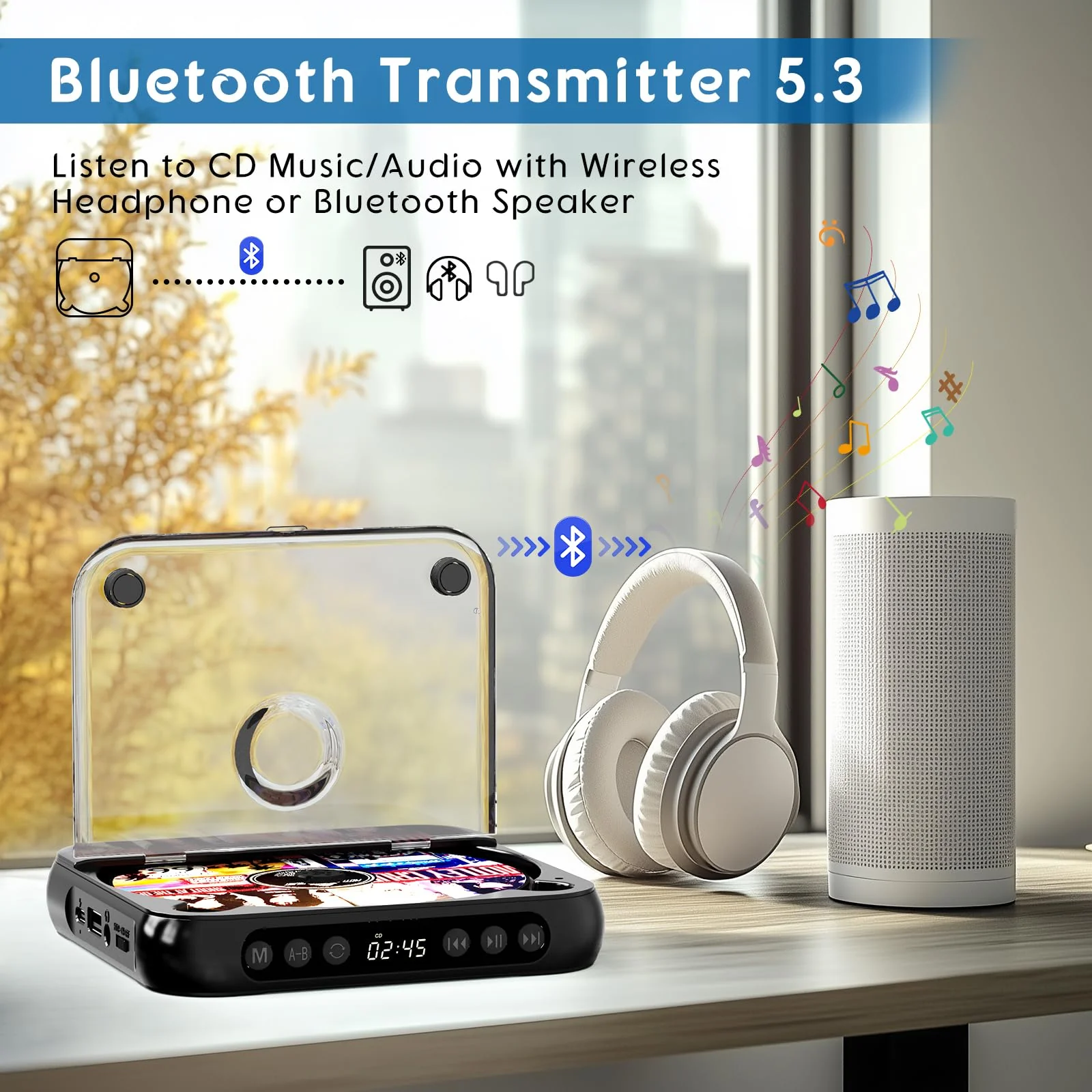 Portable CD Player with Bluetooth, Rechargeable Small CD Player, Built-in HiFi Speakers, Walkman CD Player with Headphones, LCD Screen, Support CD/AUX/USB/Repeat, Black - Image 5