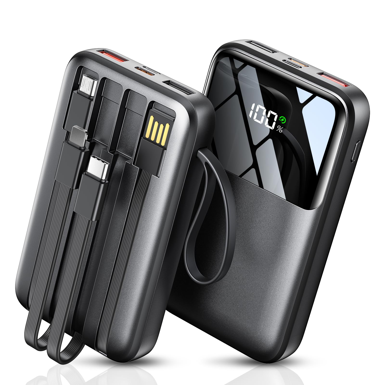 Portable Charger with Built in Cable, 15000mAh Power Bank, 22.5W Fast Charging, 6 Outputs, Slim Travel Essential Battery Pack with LED Display, Compatible with iPhone 16/15/14/13, Samsung, iPad, etc Black