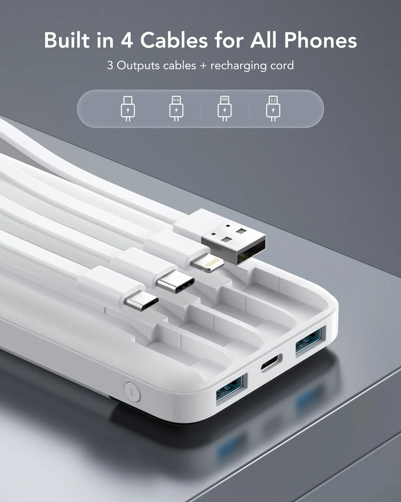 Portable Charger with Built in Cables, Portable Charger with Cords Wires Slim 10000mAh Travel Battery Pack 6 Outputs 3 Inputs 3A Fast Charging Power Bank for Samsung Google Pixel LG Moto iPhone iPad White - Image 2