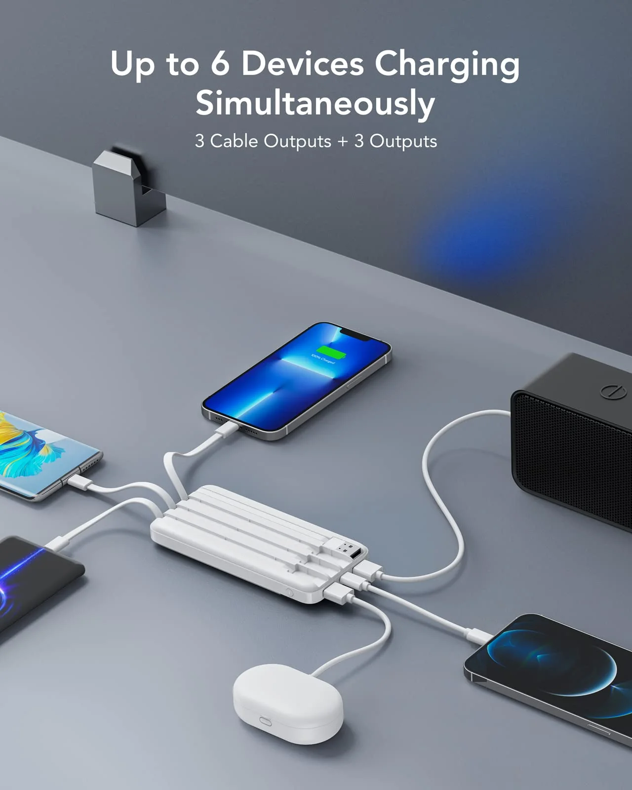 Portable Charger with Built in Cables, Portable Charger with Cords Wires Slim 10000mAh Travel Battery Pack 6 Outputs 3 Inputs 3A Fast Charging Power Bank for Samsung Google Pixel LG Moto iPhone iPad White - Image 3