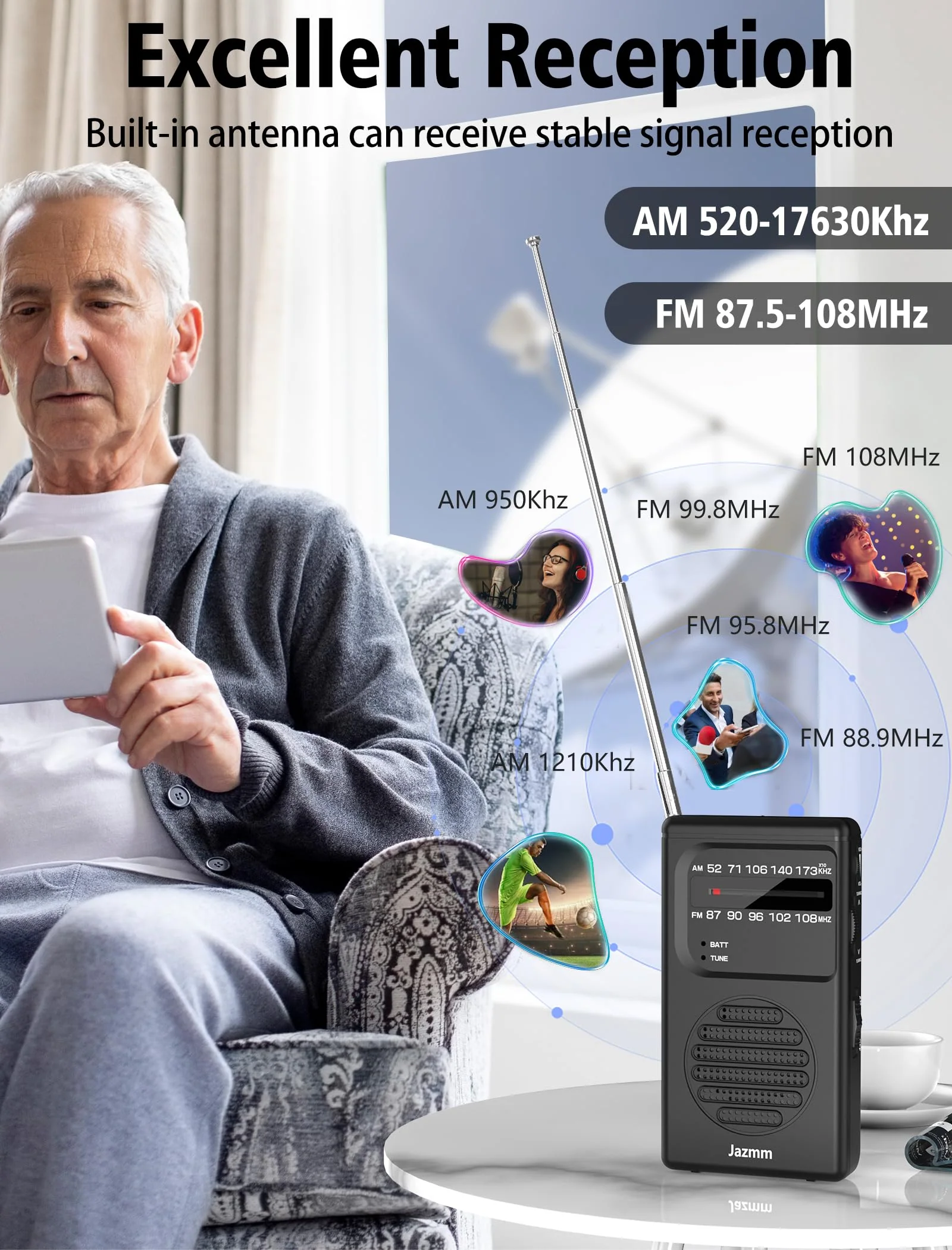 Portable Radio AM FM,Battery Operated Radio with 3W Large Speaker,Transistor radios with Best Reception,Pocket Radio with Back Clip,Flashlight,3.5mm Earphone Jack,Tuning Light,Gift for Elder Black - Image 2
