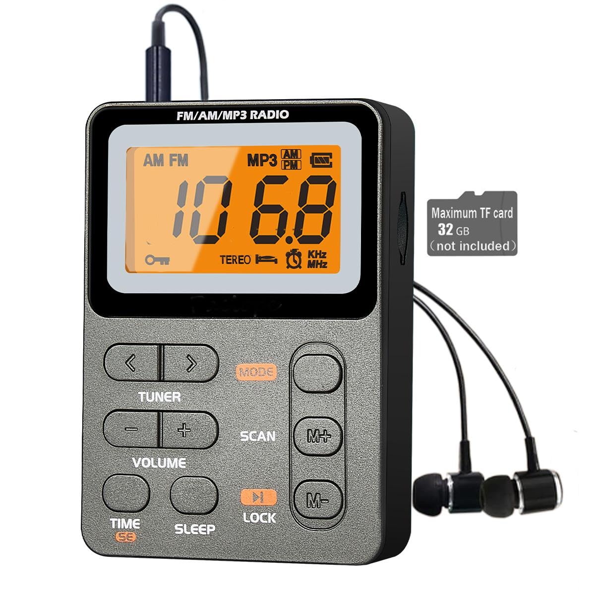 Portable Radio AM FM, Rechargeable Pocket Radio with Best Reception Digital Tuning, MP3, Stereo Earphone, Large LCD Screen, TF Card Socket, Transistor Radio for Jogging/Gym/Camping (Grey) Grey