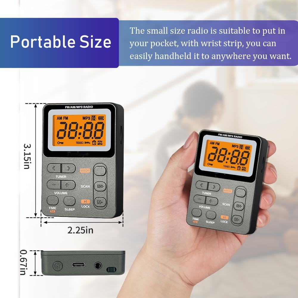 Portable Radio AM FM, Rechargeable Pocket Radio with Best Reception Digital Tuning, MP3, Stereo Earphone, Large LCD Screen, TF Card Socket, Transistor Radio for Jogging/Gym/Camping (Grey) Grey - Image 5