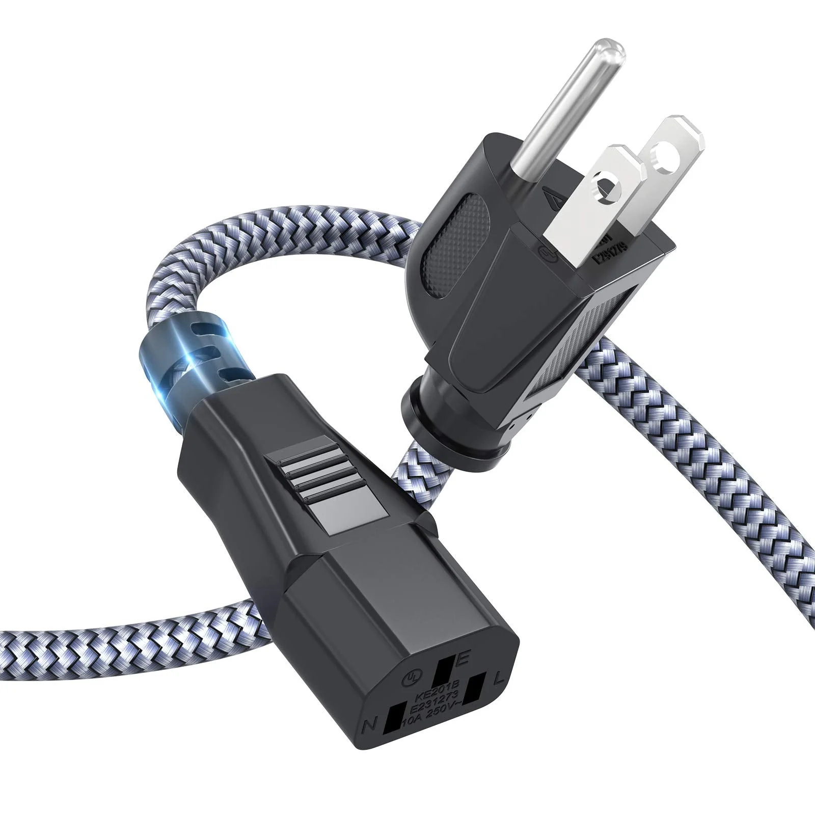Power Cord, Goalfish 3.3FT/1M TV Power Cord 10A 250V Power Cable UL Certified 18AWG 3 Prong AC Power Cable Nylon Braided PC Power Cord Replacement for Computer, HDTV, Monitor, Printer Grey