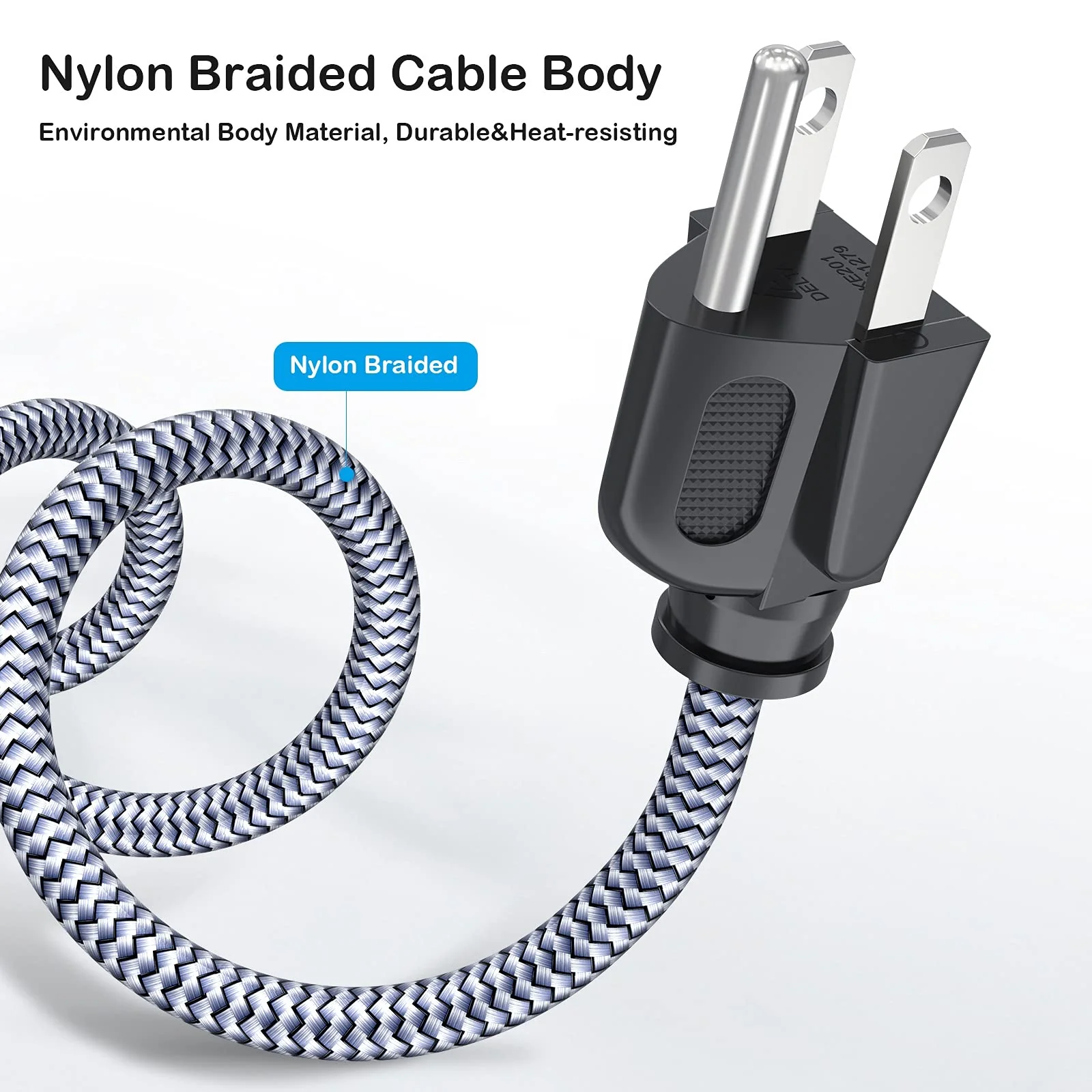 Power Cord, Goalfish 3.3FT/1M TV Power Cord 10A 250V Power Cable UL Certified 18AWG 3 Prong AC Power Cable Nylon Braided PC Power Cord Replacement for Computer, HDTV, Monitor, Printer Grey - Image 4