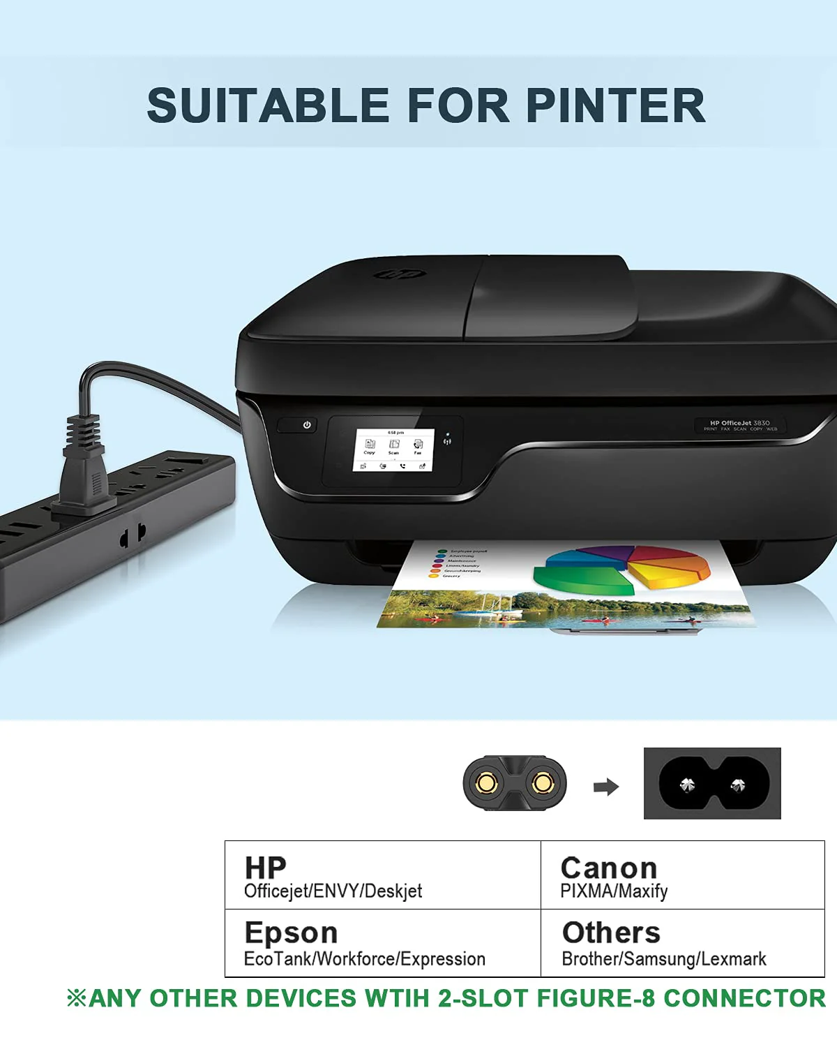 Printer Power Cord for HP Officejet Pro 4500 6600 4650 4630 5255 6962 8600 8710 7740/Envy 5055 5530/Deskjet 2652 3755/Photosmart 7520 6520/All-in-One/Canon Pixma/Epson,2 Prong Replacement Cable(6Ft) - Image 2