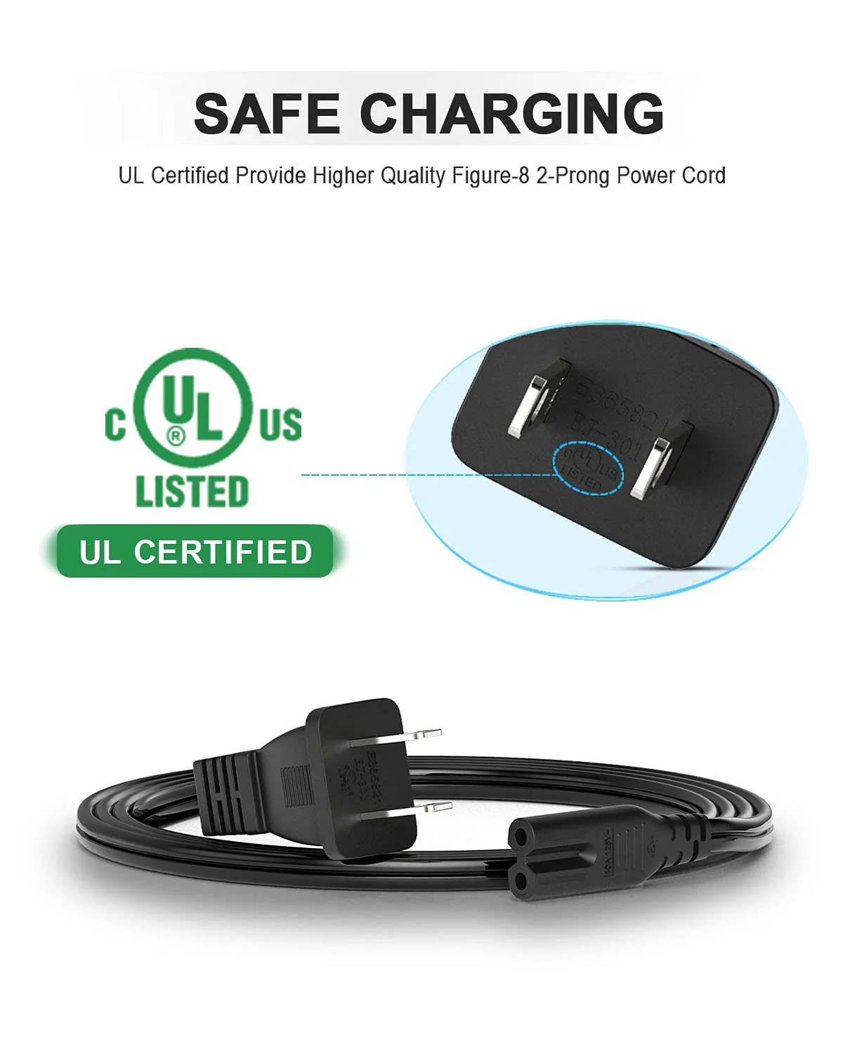 Printer Power Cord for HP Officejet Pro 4500 6600 4650 4630 5255 6962 8600 8710 7740/Envy 5055 5530/Deskjet 2652 3755/Photosmart 7520 6520/All-in-One/Canon Pixma/Epson,2 Prong Replacement Cable(6Ft) - Image 5