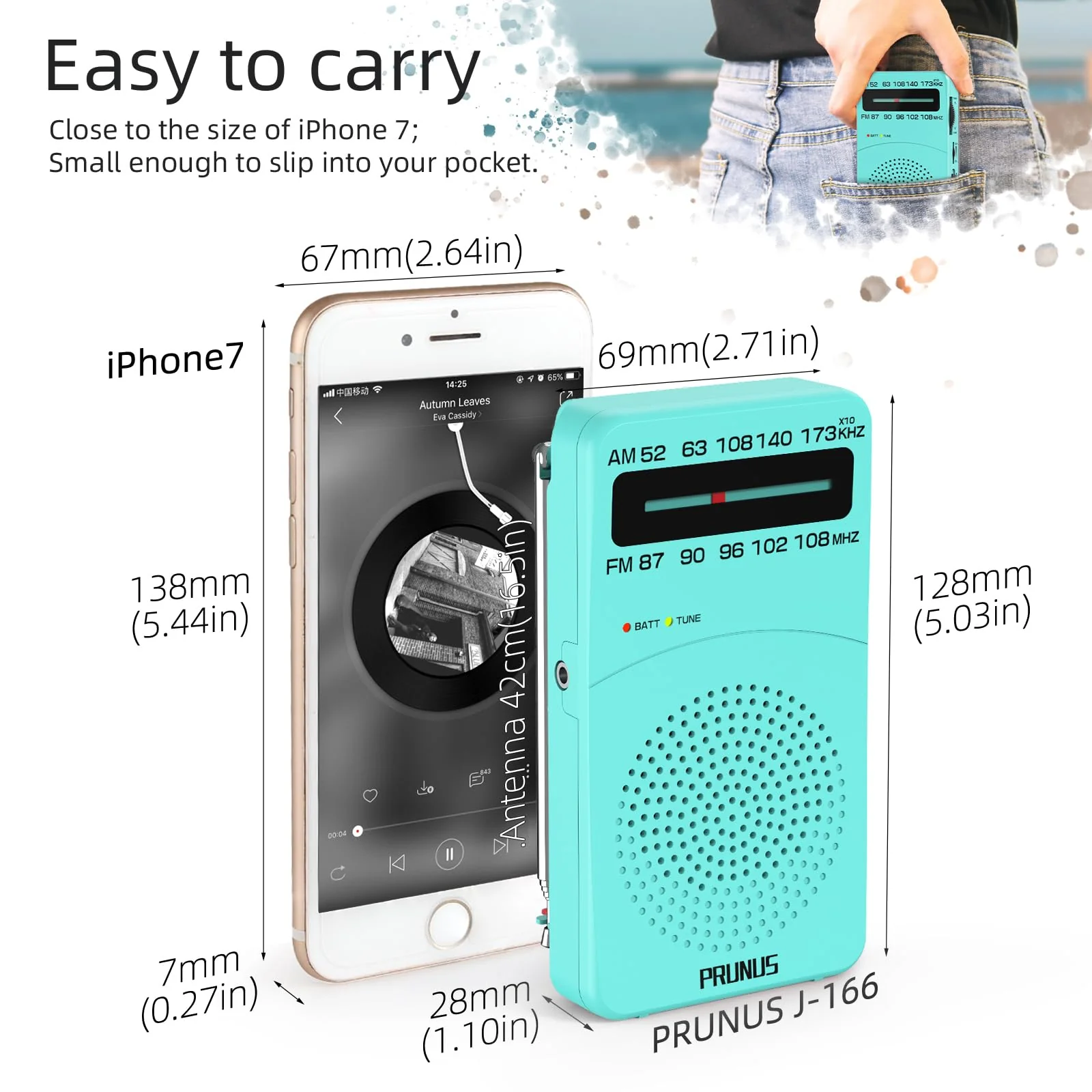 PRUNUS J-166 Portable Radio AM FM, Battery Operated Radio with Tuning Light, Back Clip, Excellent Reception, AM FM Radio Portable, Transistor Radio Blue - Image 4