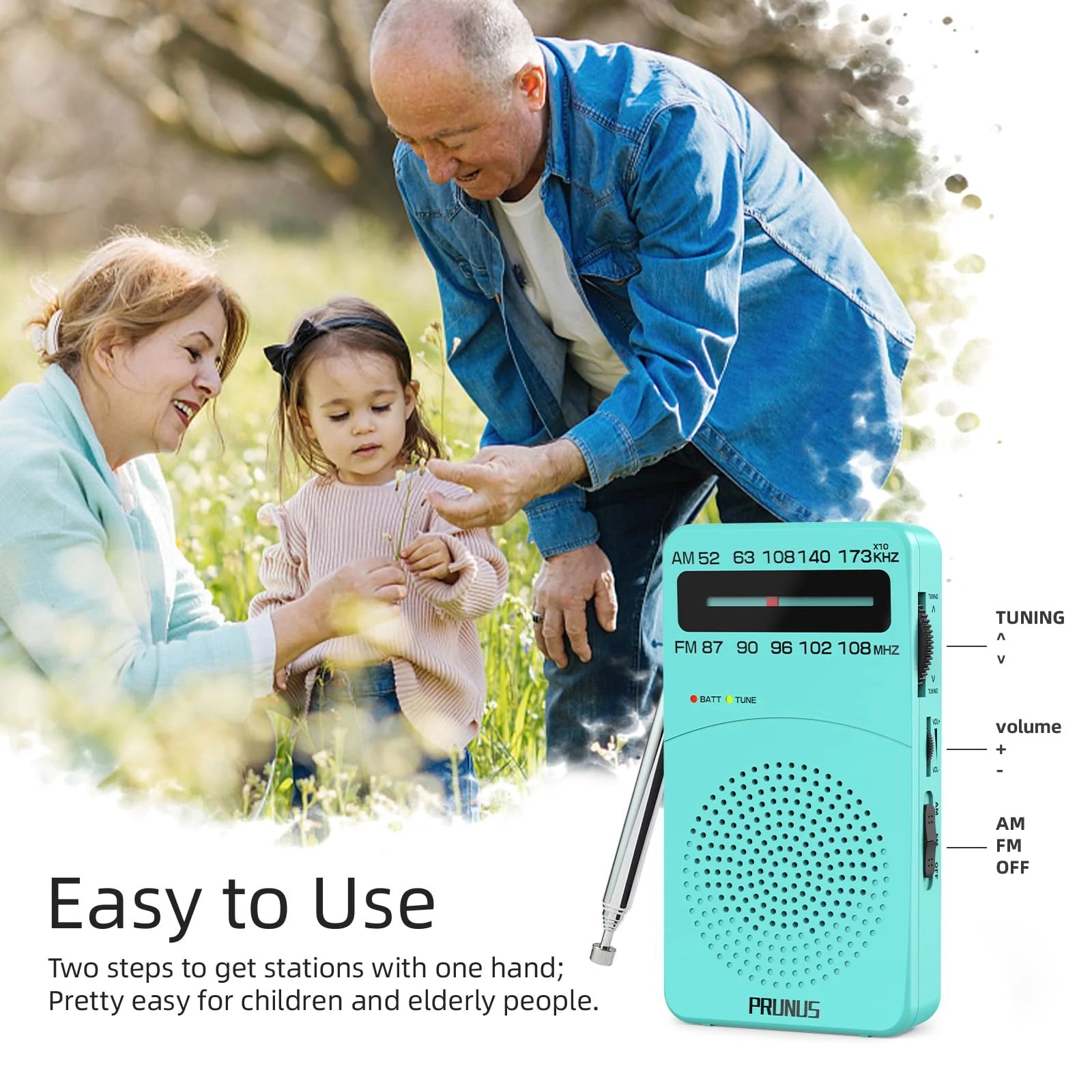 PRUNUS J-166 Portable Radio AM FM, Battery Operated Radio with Tuning Light, Back Clip, Excellent Reception, AM FM Radio Portable, Transistor Radio Blue - Image 5