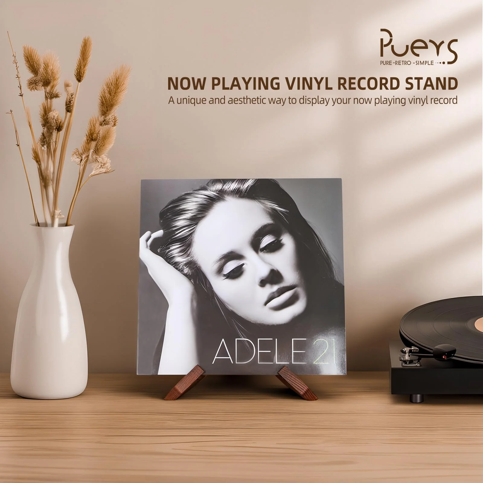 PUERSI Now Playing Vinyl Record Stand, Wooden Display Vinyl Holder Stand, Retro Now Spinning Record Accessories - Rustic Brown - Image 2