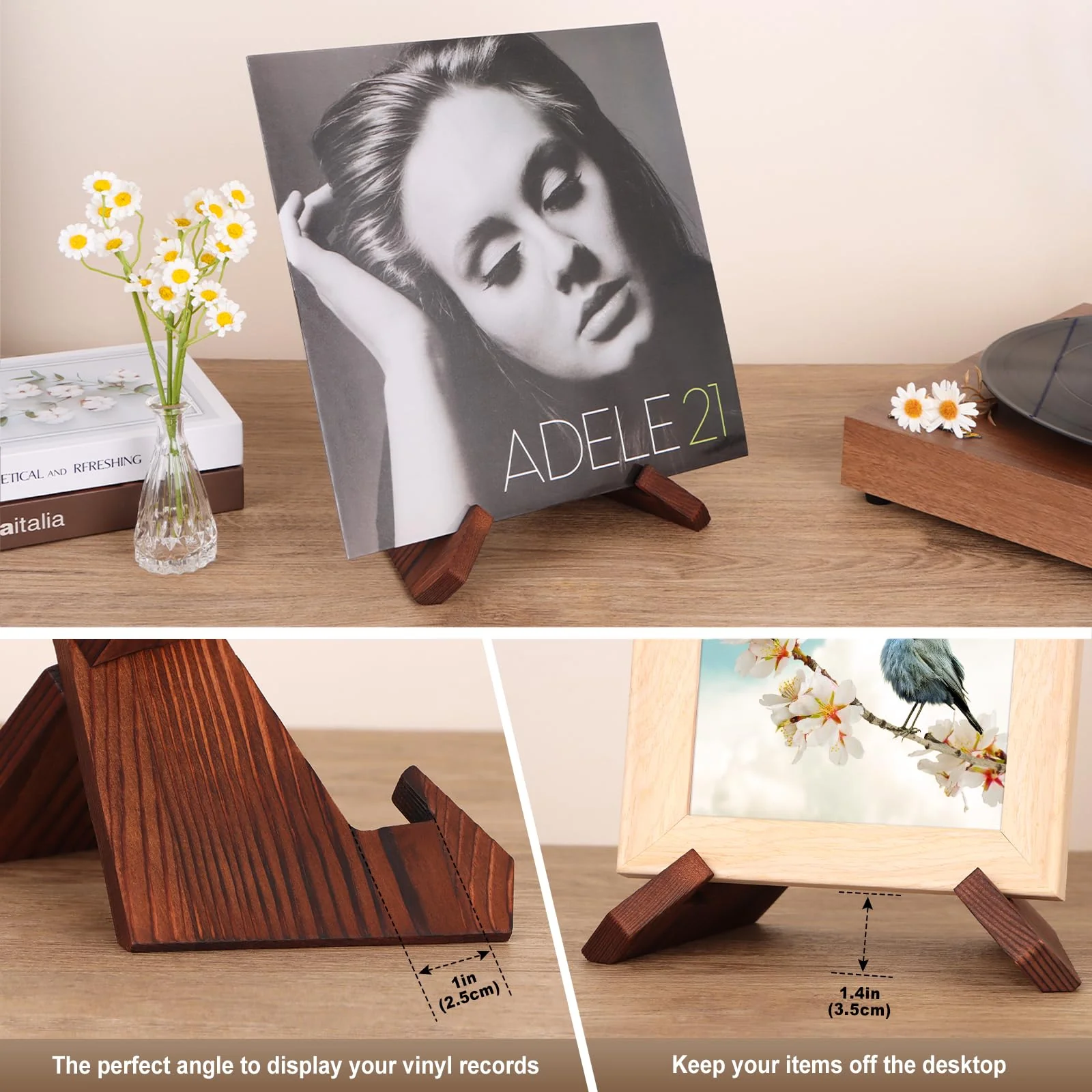 PUERSI Now Playing Vinyl Record Stand, Wooden Display Vinyl Holder Stand, Retro Now Spinning Record Accessories - Rustic Brown - Image 3
