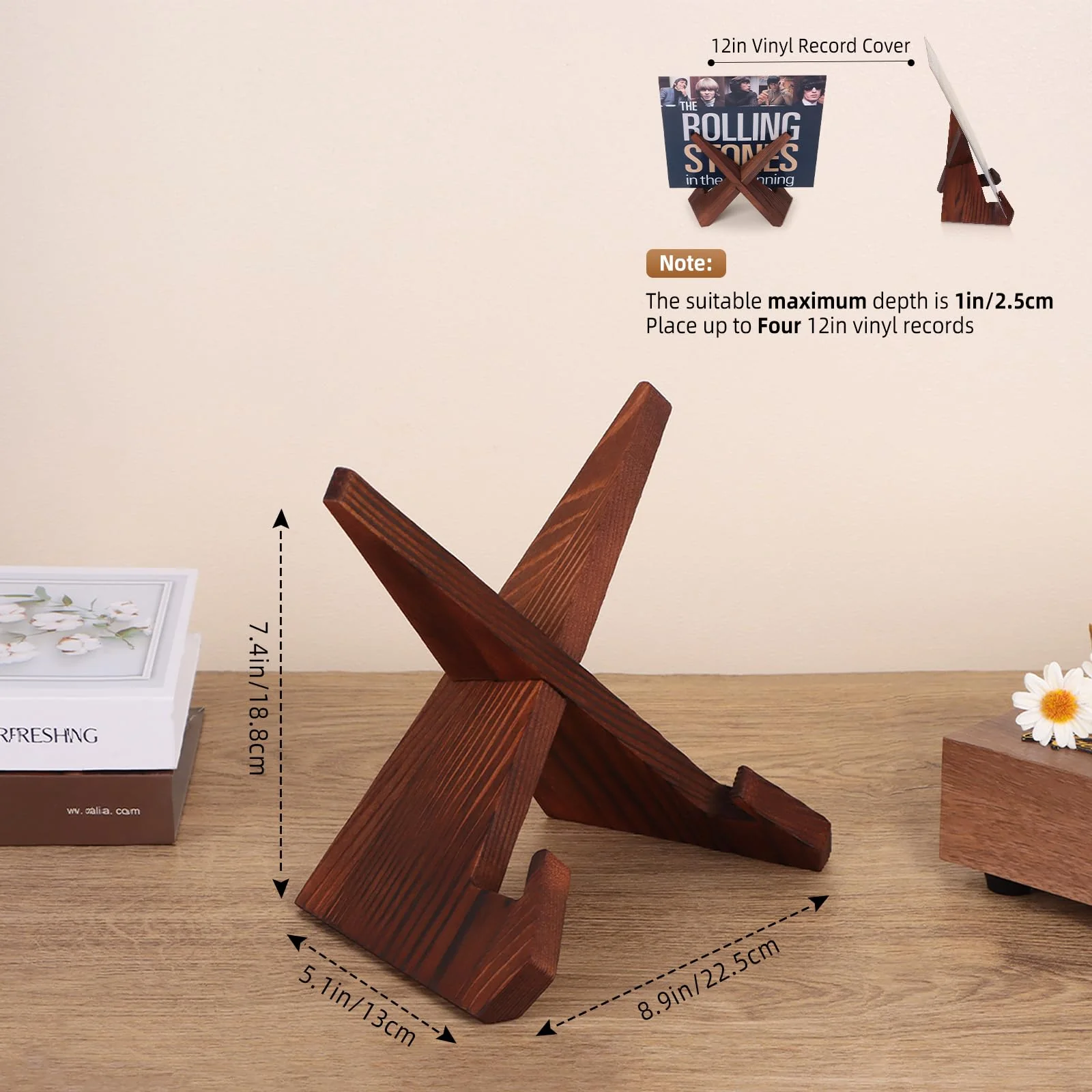 PUERSI Now Playing Vinyl Record Stand, Wooden Display Vinyl Holder Stand, Retro Now Spinning Record Accessories - Rustic Brown - Image 4