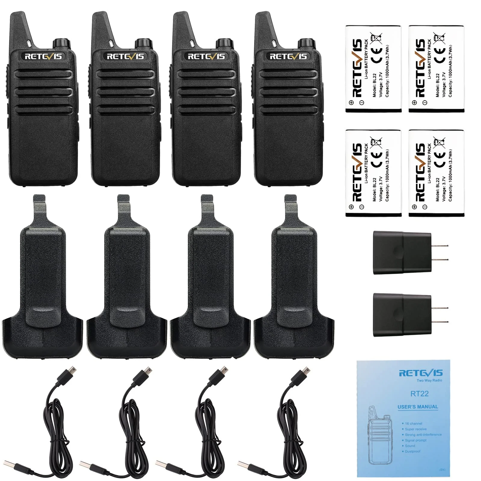 Retevis RT22 Two Way Radio Long Range Rechargeable,Portable 2 Way Radio,Upgrade Type C Handsfree Walkie Talkies for Adults Cruise Hiking Hunting Skiing(4 Pack) Black - Image 9