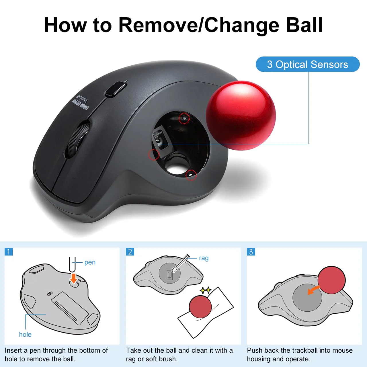 SANWA Trackball 44mm/1.73in, Replacement Ball GMAWBTTB138N/GMATB137, ELECOM DEFT PRO, and Other Compatible Trackball Mouse, Glossy Red 44 MM - Image 5