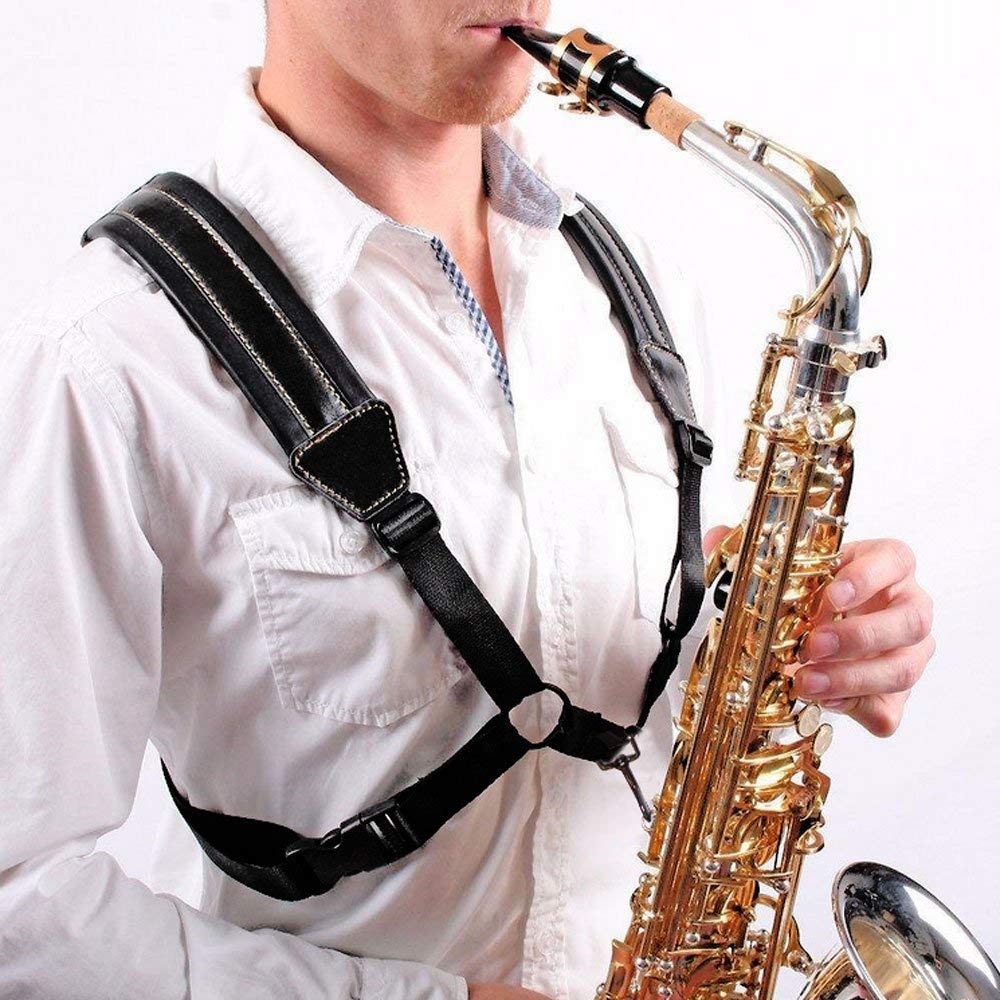 Saxophone Strap, Universal Double Shoulder Leather Strap for Sax, Adjustable Padded Harness Strap for Alto Tenor Soprano Baritone Saxophone (Large Size) Taille Grande - Image 2