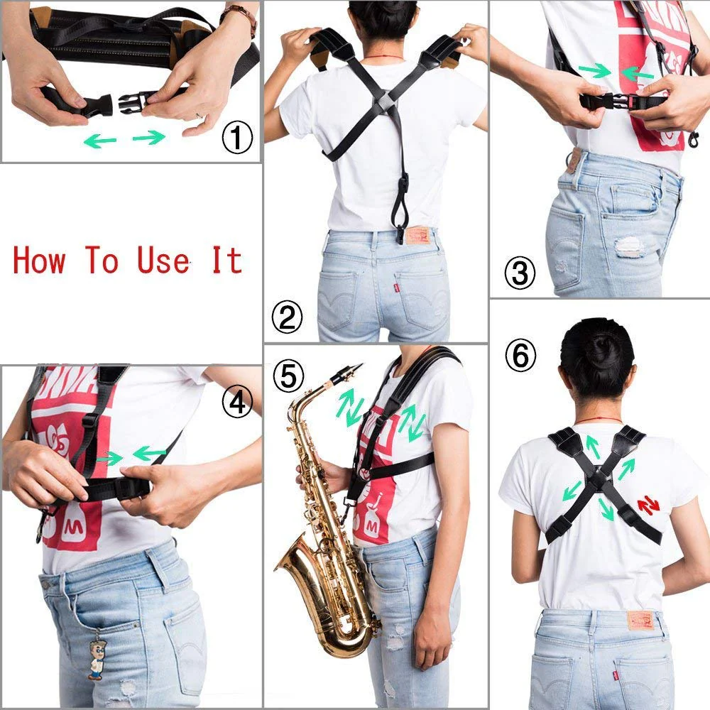 Saxophone Strap, Universal Double Shoulder Leather Strap for Sax, Adjustable Padded Harness Strap for Alto Tenor Soprano Baritone Saxophone (Large Size) Taille Grande - Image 3
